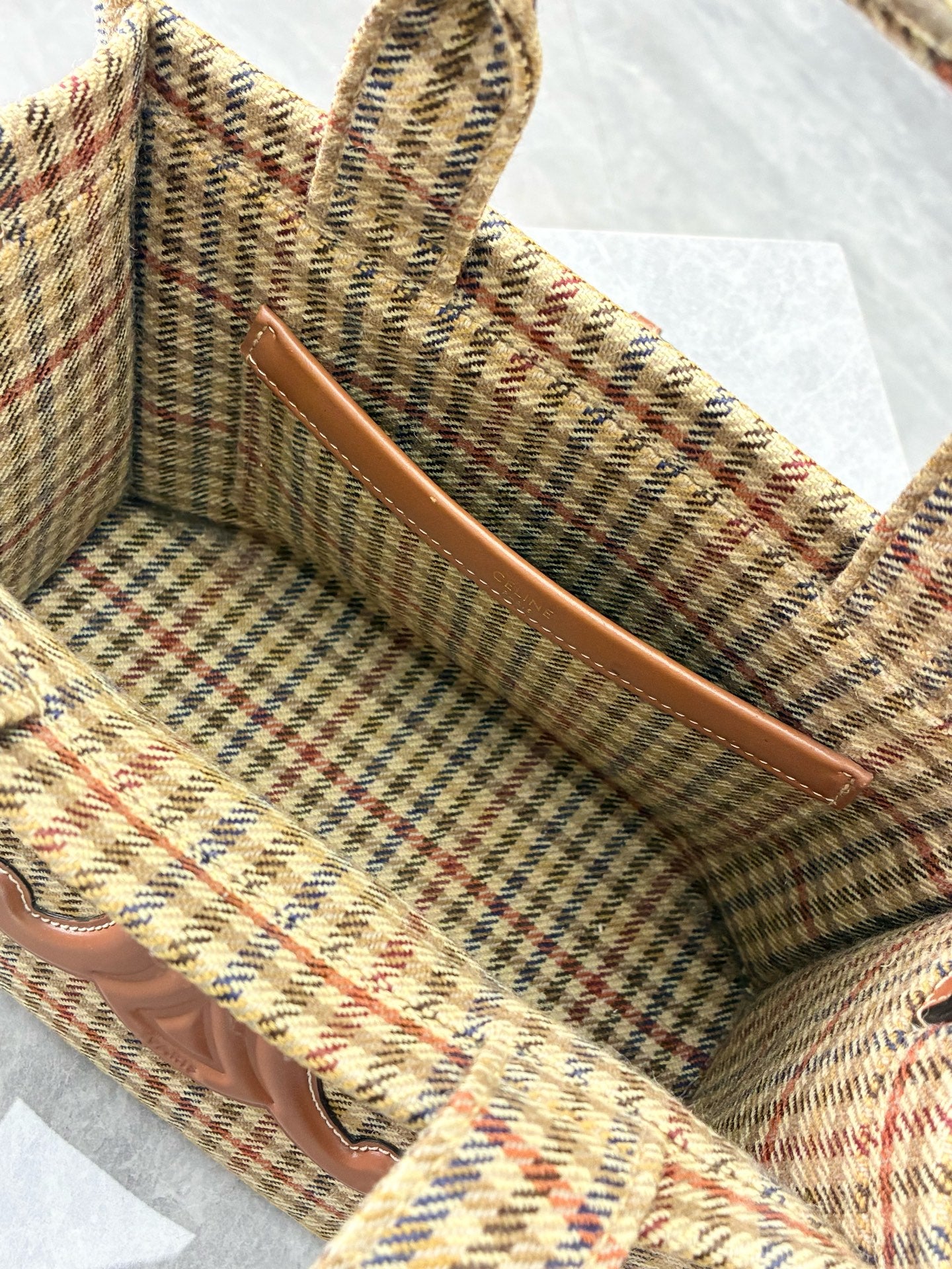 CELINE Triomphe Cabas Tote – Houndstooth Wool Textile, Tan Leather Trim, Pre-Owned