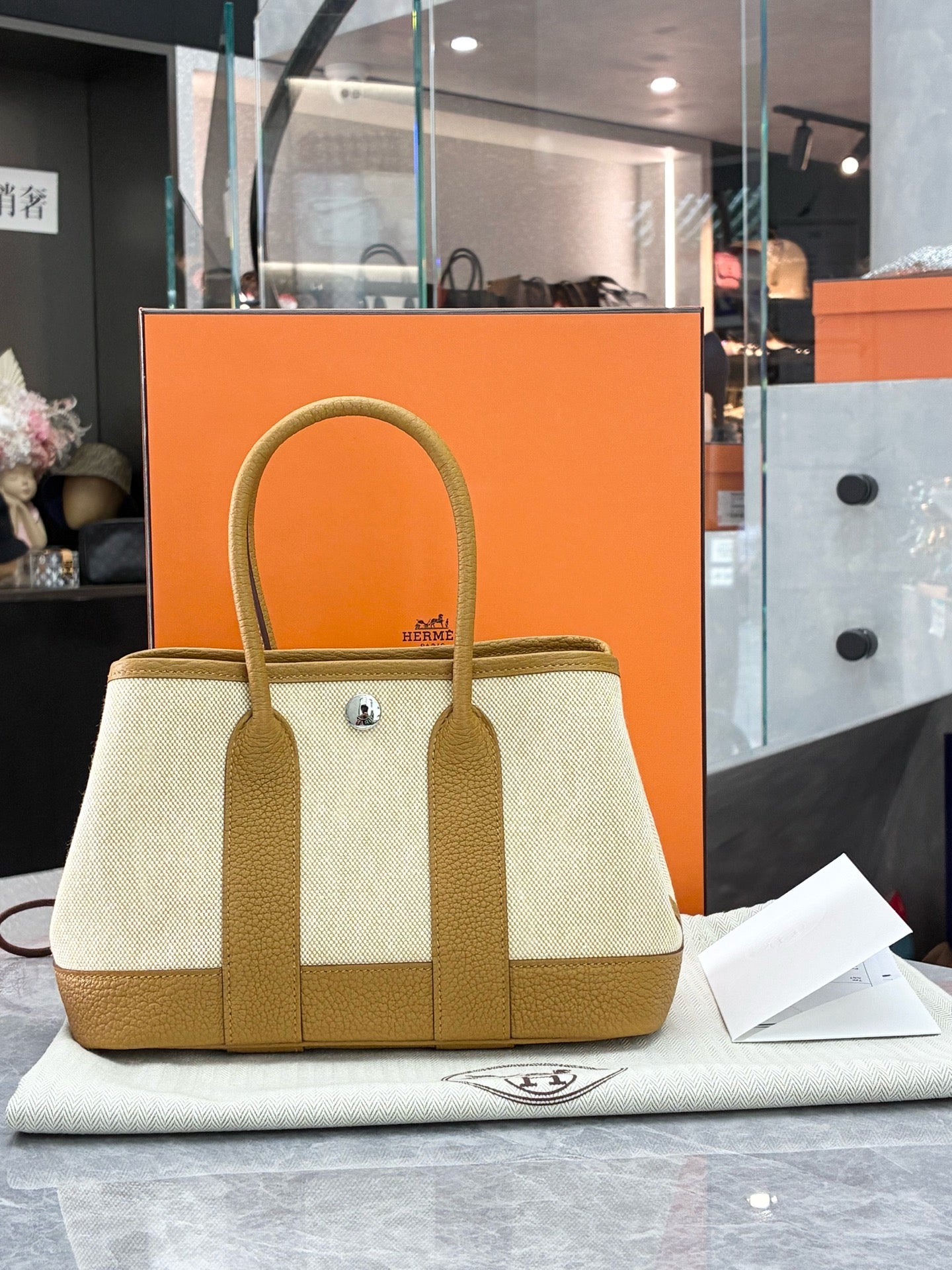 HERMÈS Garden Party 30 – Sesame Negonda Leather & Cream Toile Canvas, Palladium Hardware, Brand New