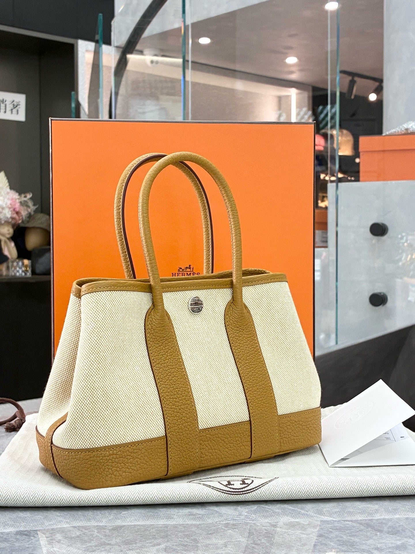 HERMÈS Garden Party 30 – Sesame Negonda Leather & Cream Toile Canvas, Palladium Hardware, Brand New