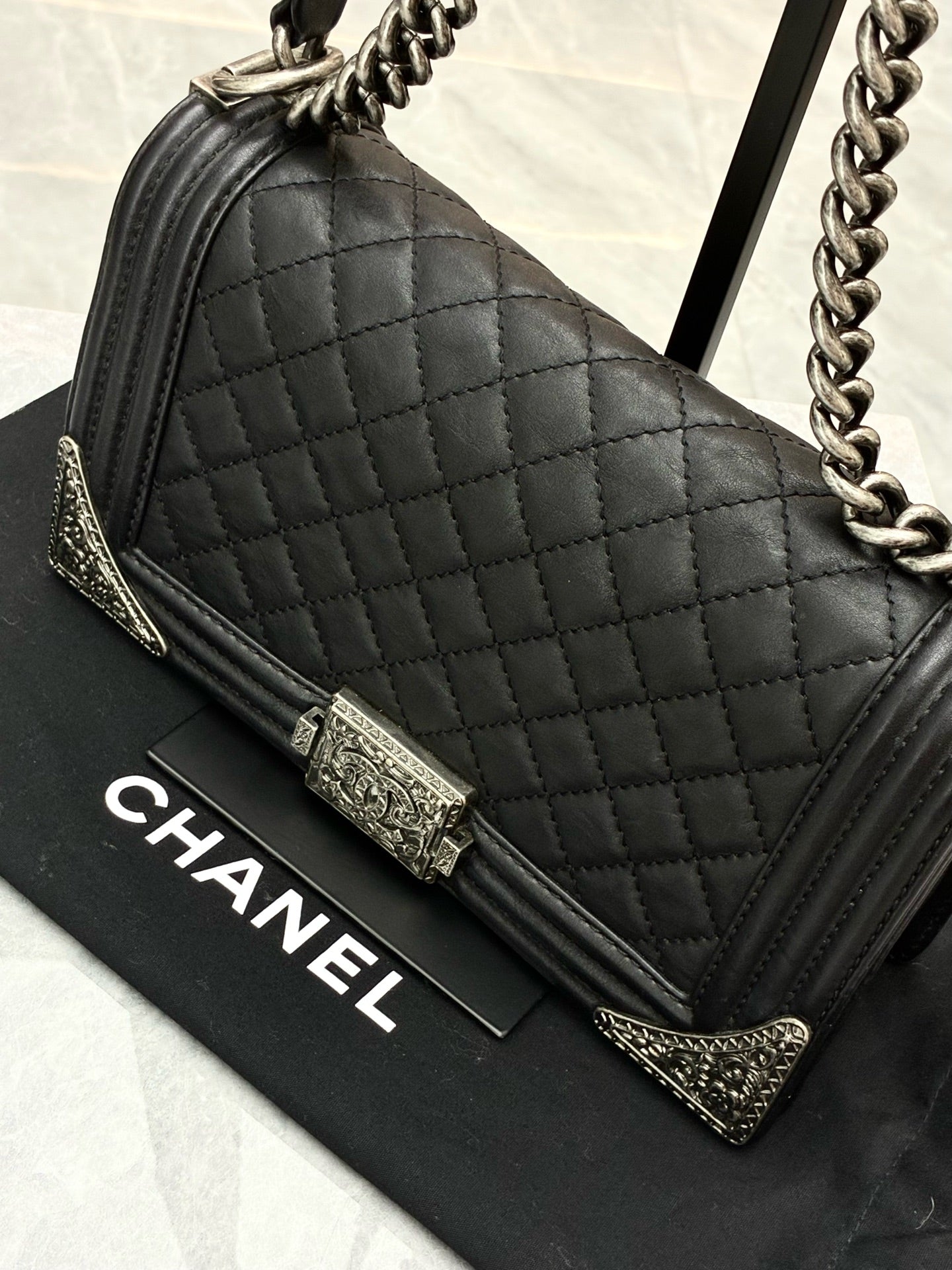 CHANEL Le Boy Bag – Black Quilted Calfskin Leather, Silver Hardware, Pre-Owned