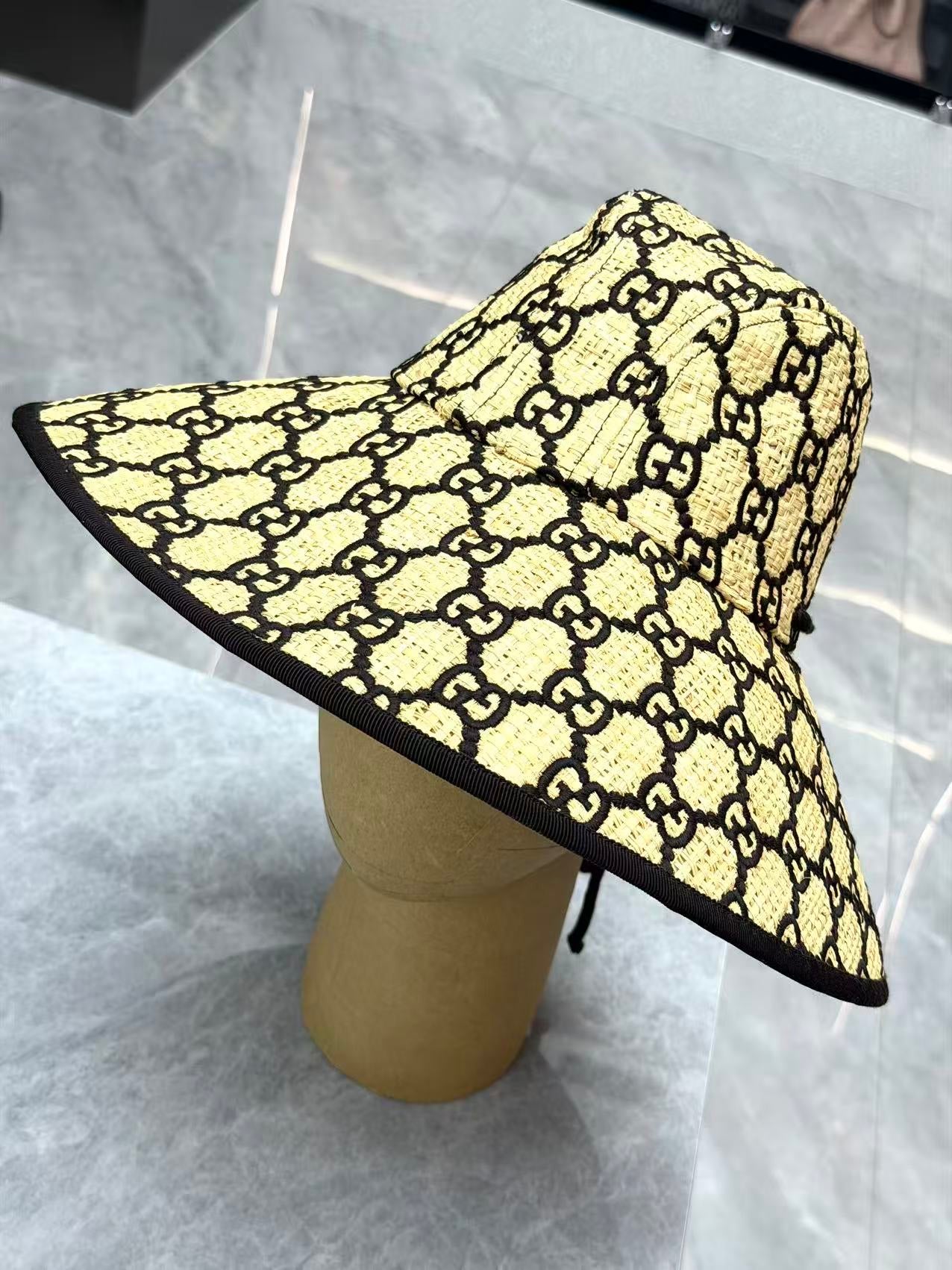 GUCCI GG Monogram Straw Bucket Hat – All-Over GG Print, Size M (57), Pre-Owned