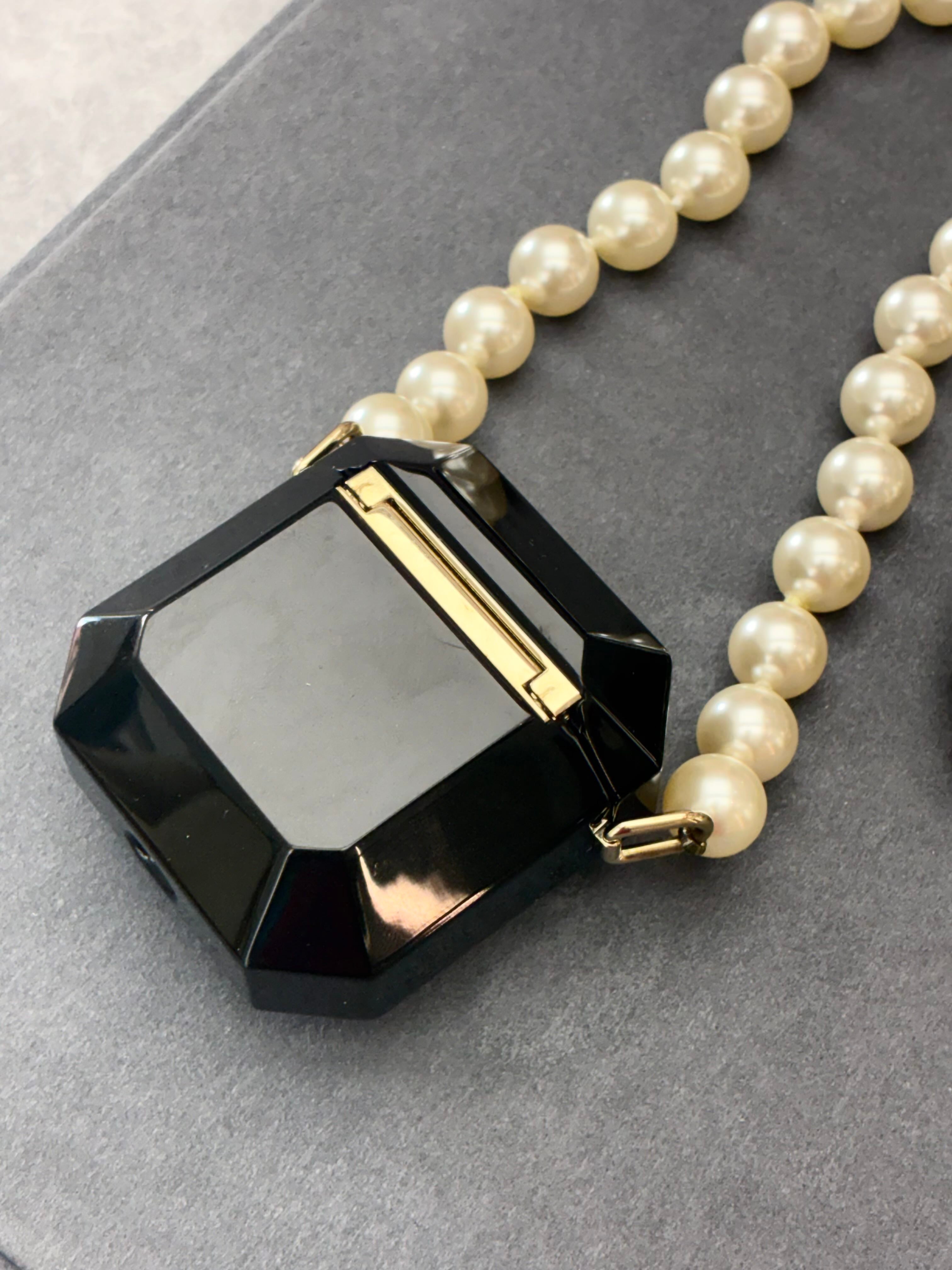 CHANEL Headphone Case Necklace – Black Acrylic, Pearl & Chain, Crystal CC, Very Good Pre-Owned