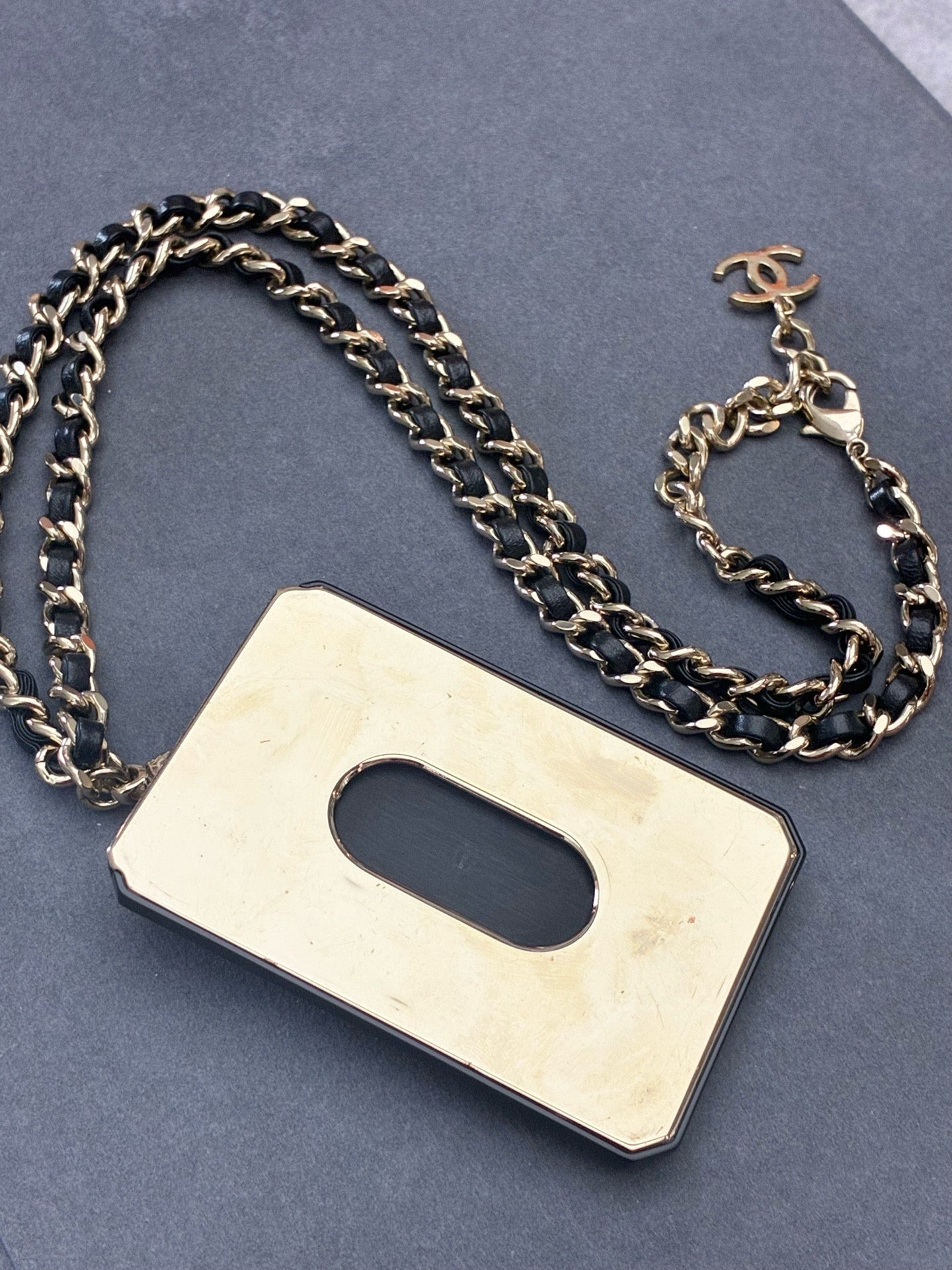 CHANEL 21A Card Mirror Necklace – Black with Crystal Double-C Logo, Long Knit Chain, Very Good Pre-Owned