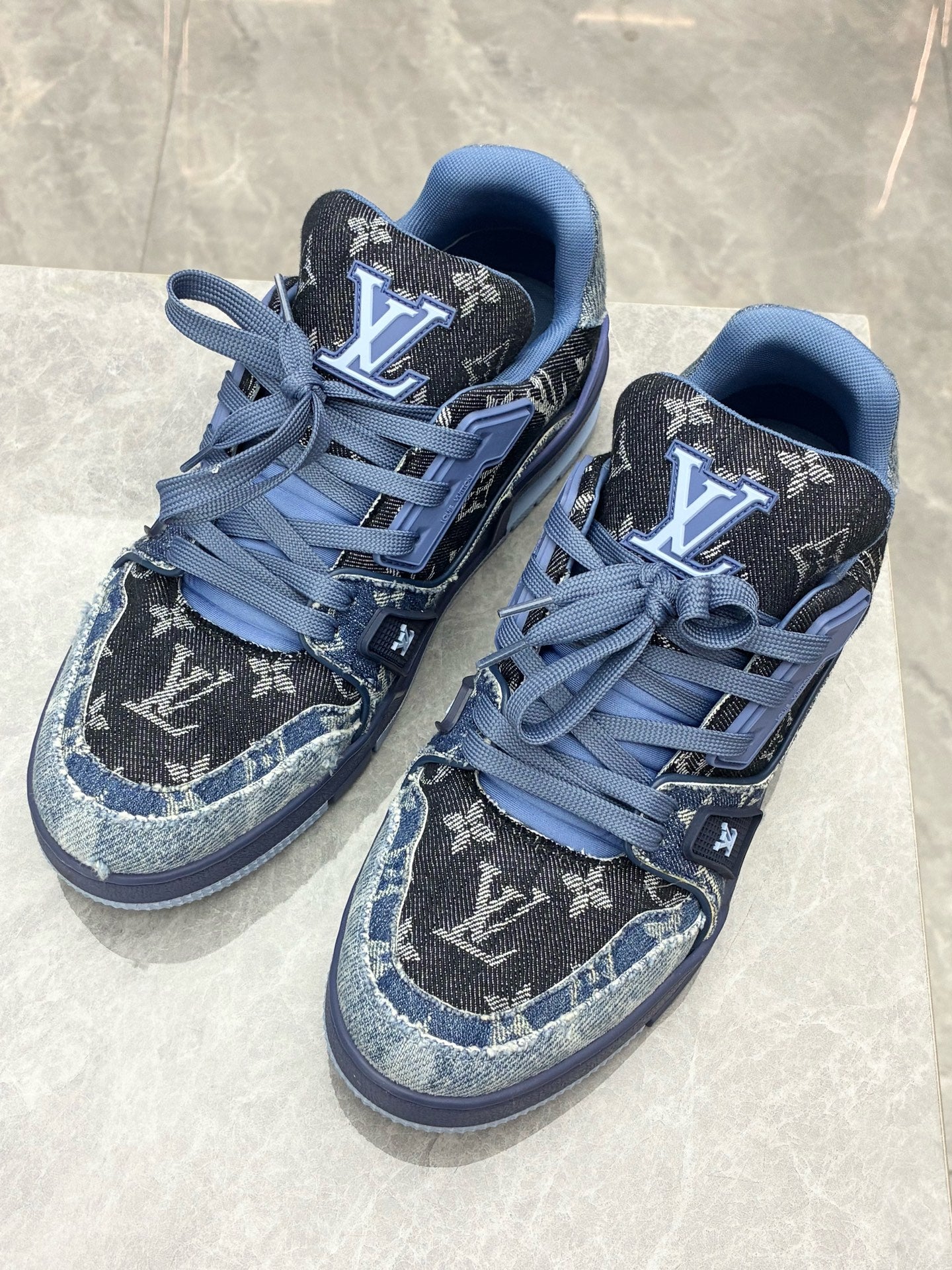 LOUIS VUITTON LV Trainer Sneaker – Distressed Blue Denim Canvas, Size 4, Pre-Owned