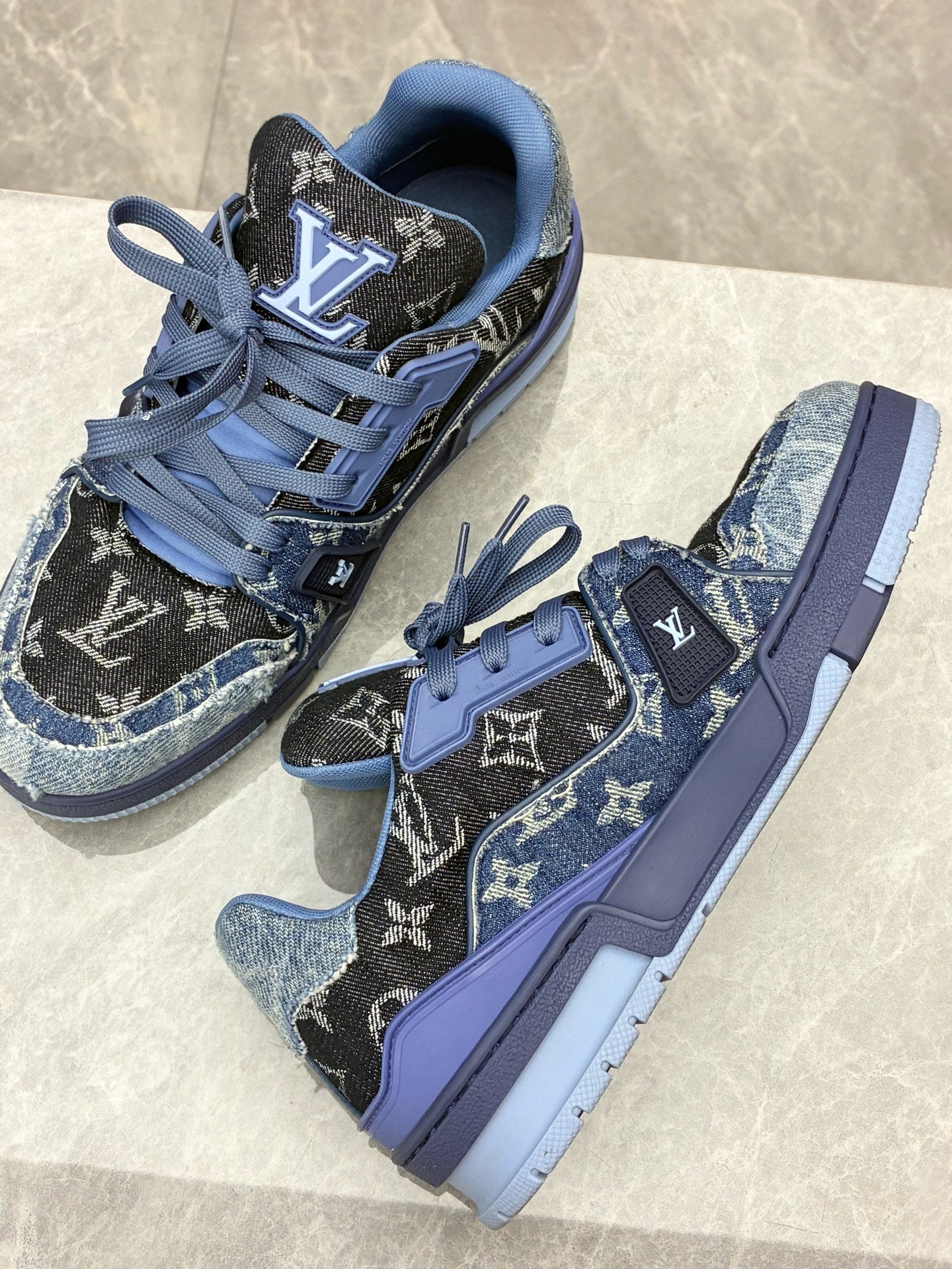 LOUIS VUITTON LV Trainer Sneaker – Distressed Blue Denim Canvas, Size 4, Pre-Owned