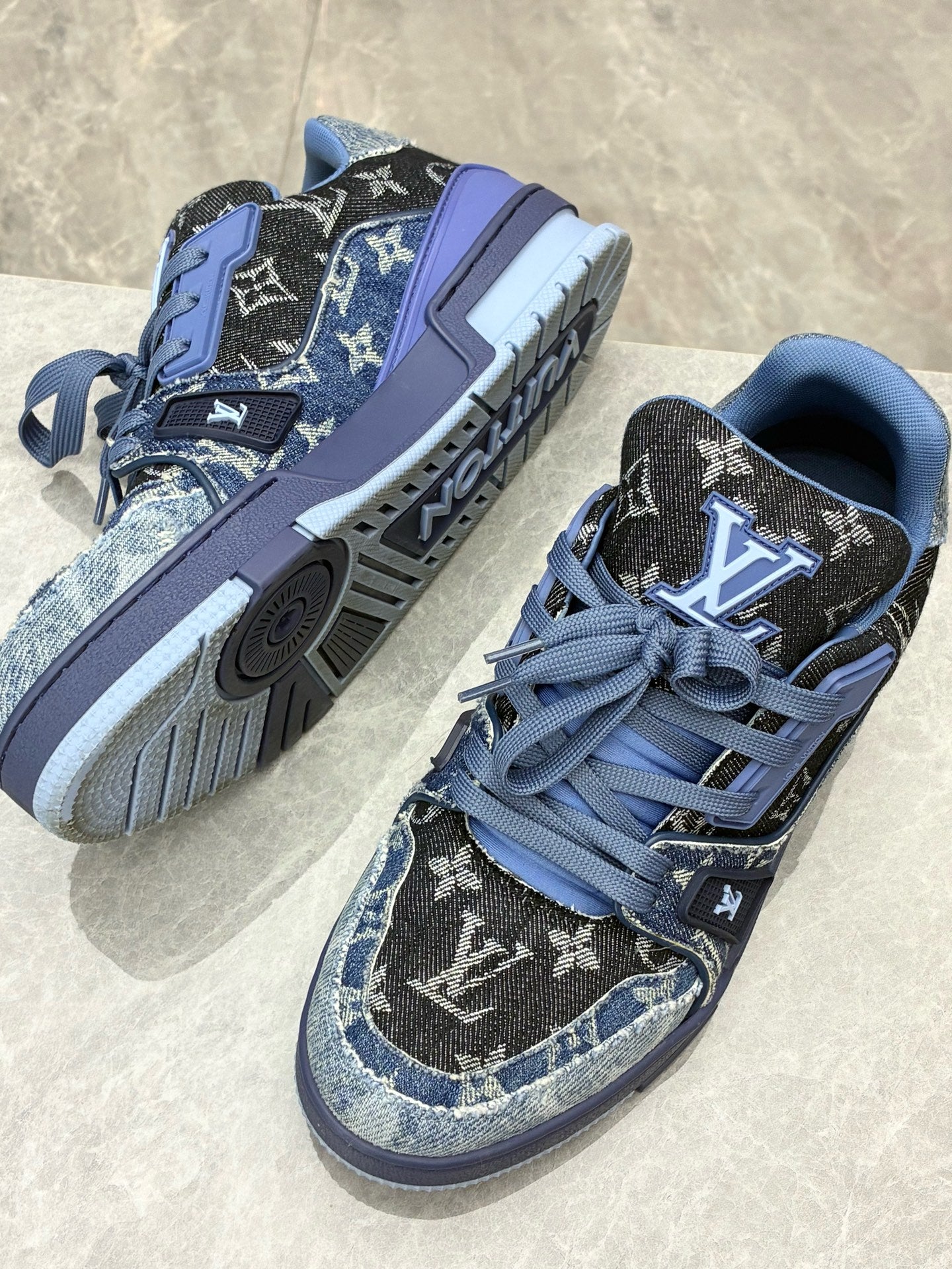 LOUIS VUITTON LV Trainer Sneaker – Distressed Blue Denim Canvas, Size 4, Pre-Owned