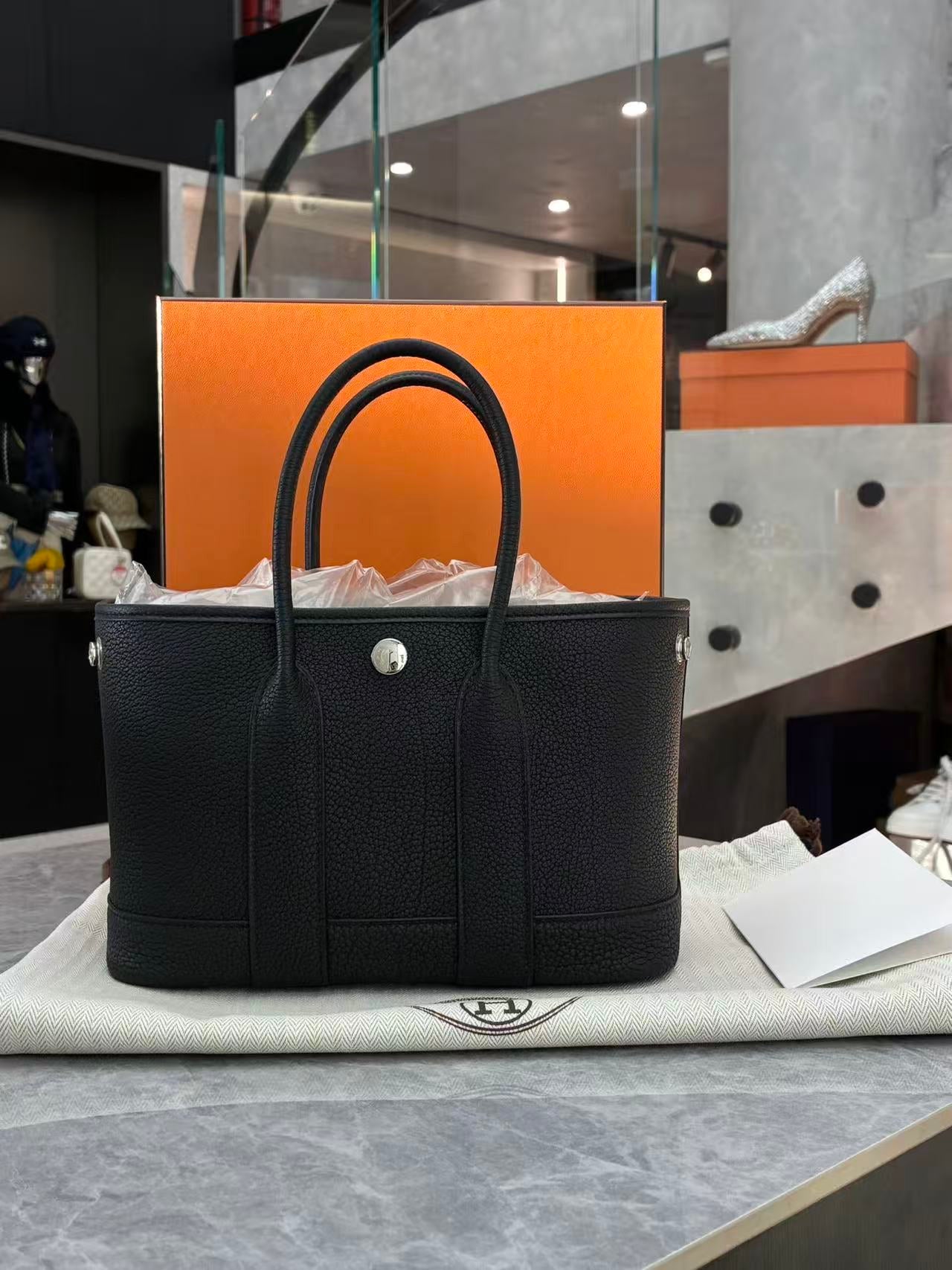 HERMÈS Garden Party 30 – Black Negonda Leather, Palladium Hardware, G Stamp, Brand New