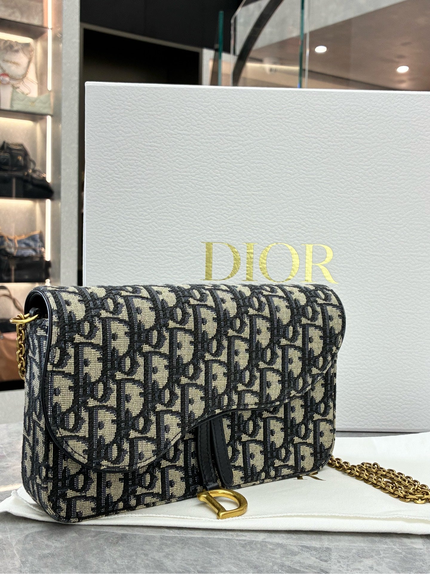 DIOR Oblique Wallet On Chain – Blue Oblique Jacquard Canvas, Reference S5620CTZQ_M928, Pre-Owned
