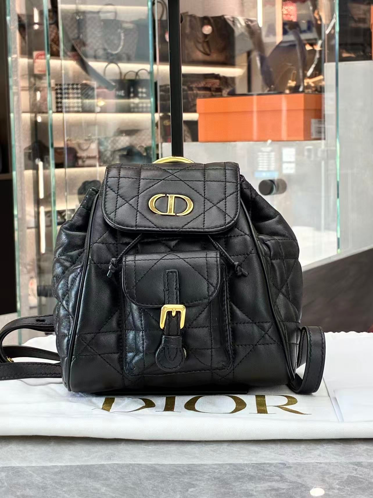 DIOR Caro Mini Backpack – Black Lambskin Leather, Oversized Cannage, Reference S5237UNOZ_M900, Excellent Pre-Owned
