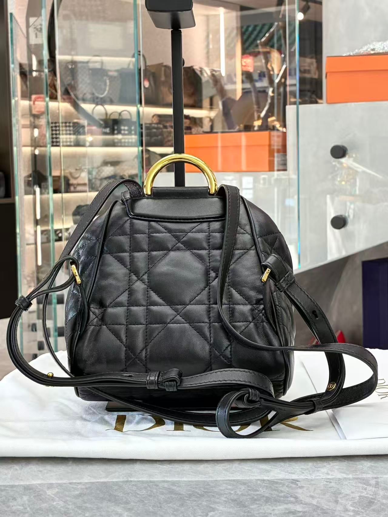 DIOR Caro Mini Backpack – Black Lambskin Leather, Oversized Cannage, Reference S5237UNOZ_M900, Excellent Pre-Owned