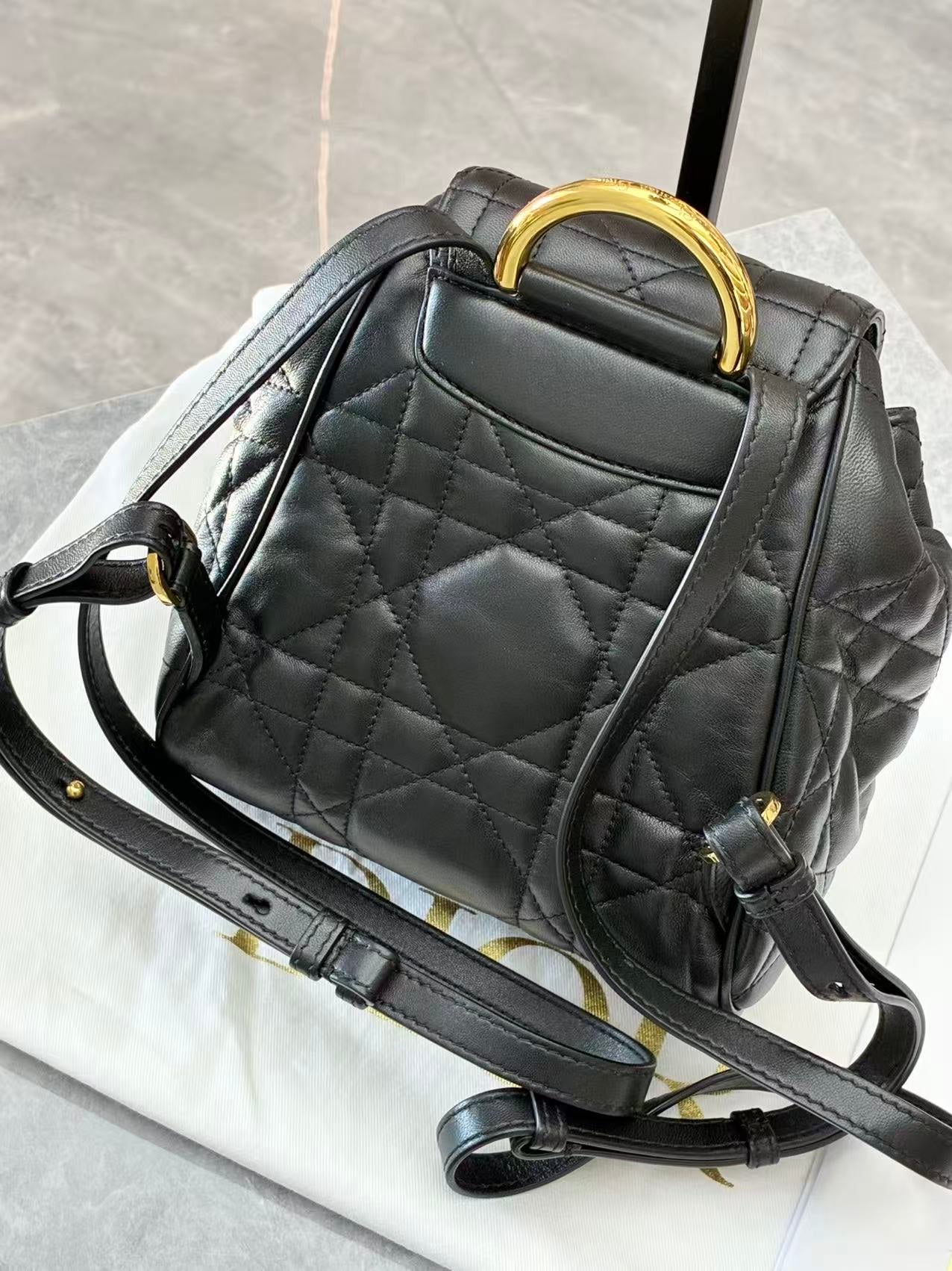 DIOR Caro Mini Backpack – Black Lambskin Leather, Oversized Cannage, Reference S5237UNOZ_M900, Excellent Pre-Owned