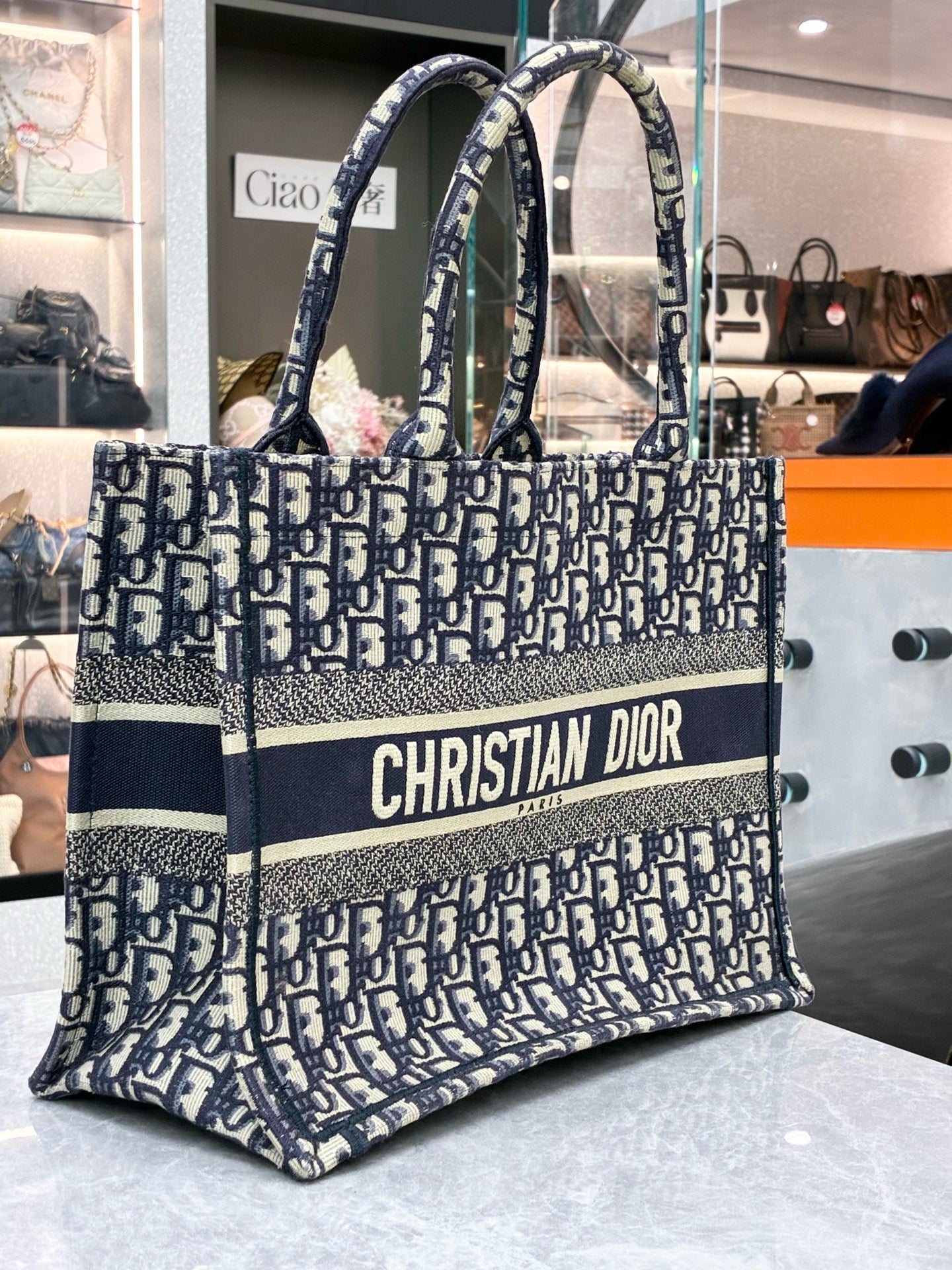 DIOR Book Tote Small – Ecru & Blue Oblique Embroidered Canvas, Reference M1296ZRIW_M928, Pre-Owned