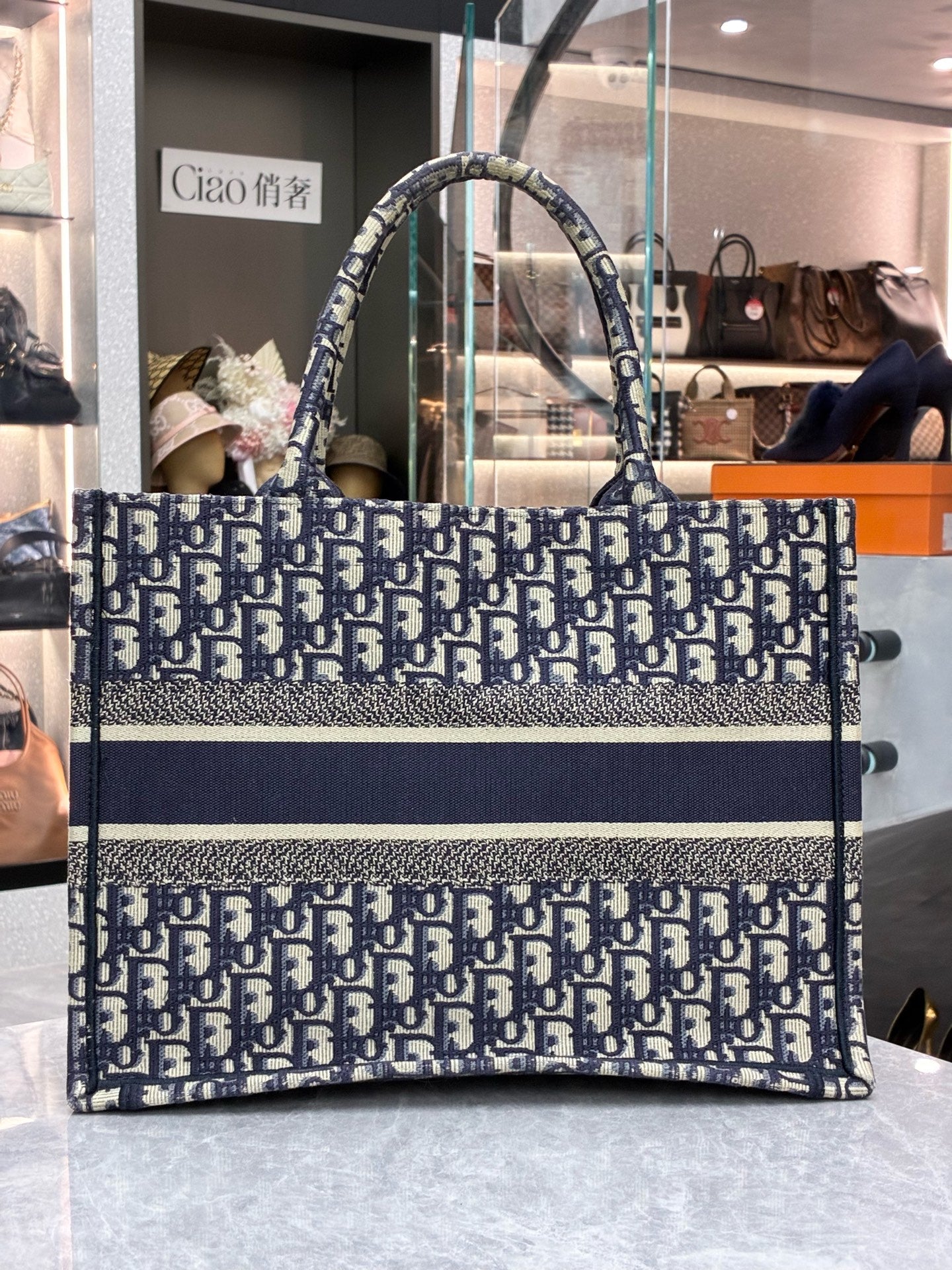DIOR Book Tote Small – Ecru & Blue Oblique Embroidered Canvas, Reference M1296ZRIW_M928, Pre-Owned