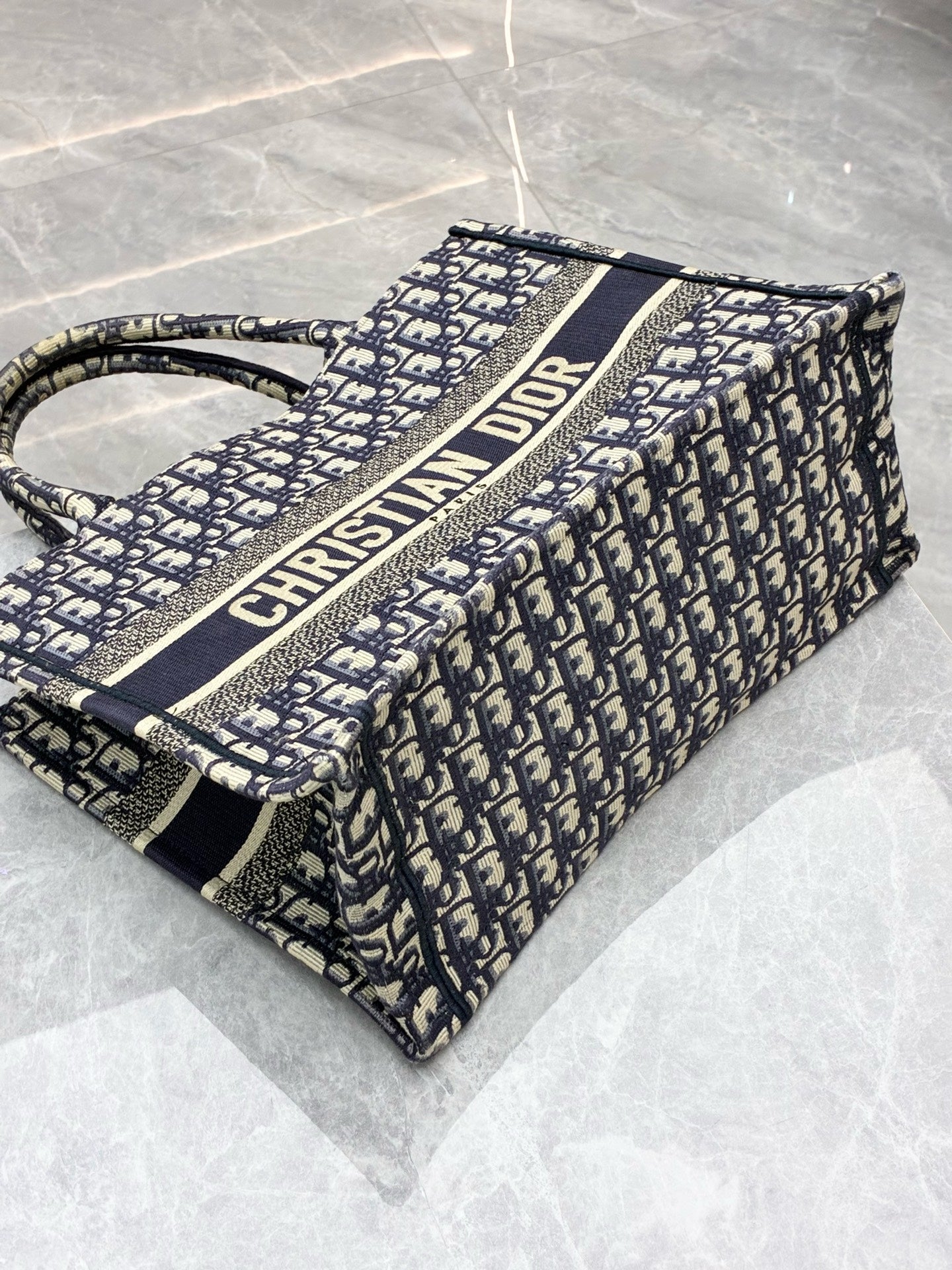 DIOR Book Tote Small – Ecru & Blue Oblique Embroidered Canvas, Reference M1296ZRIW_M928, Pre-Owned