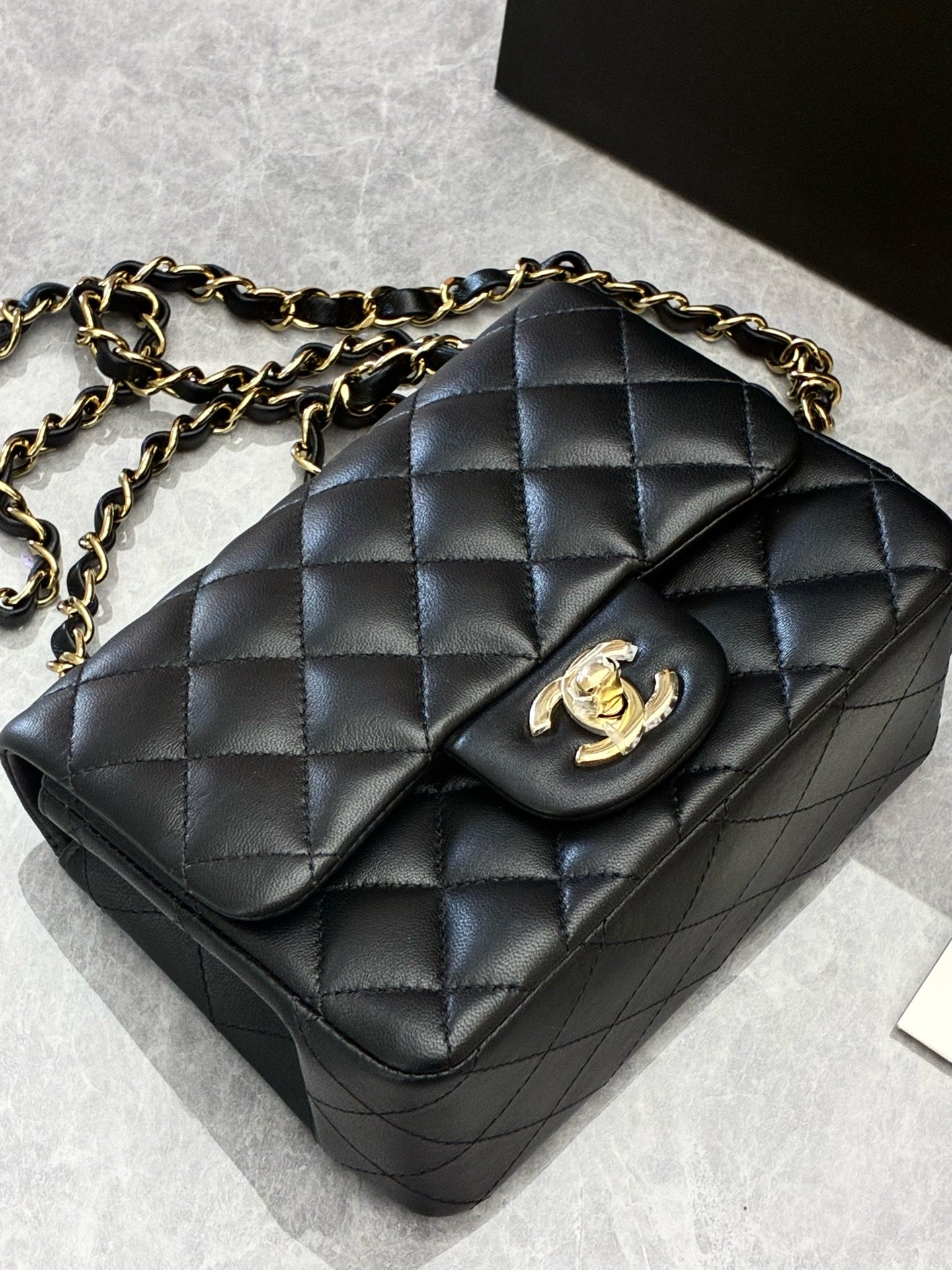 CHANEL Classic Flap Mini Square – Black Lambskin, Champagne Gold Hardware, Reference A69900, Excellent Pre-Owned