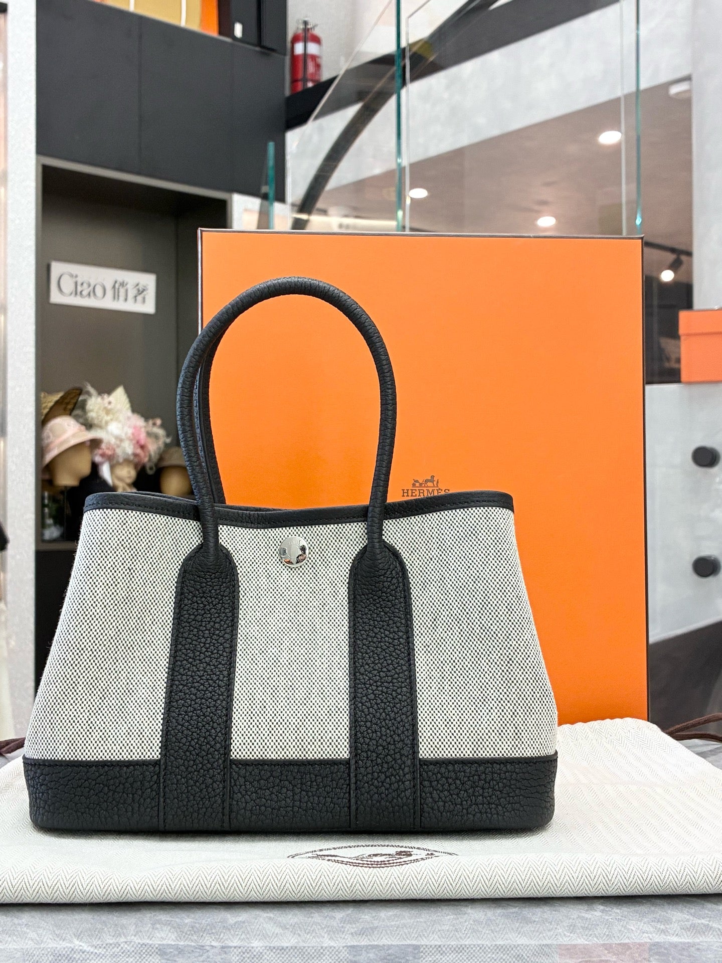 HERMÈS Garden Party Mini – Panda Black & White Canvas & Leather, Palladium Hardware, G Stamp, Brand New
