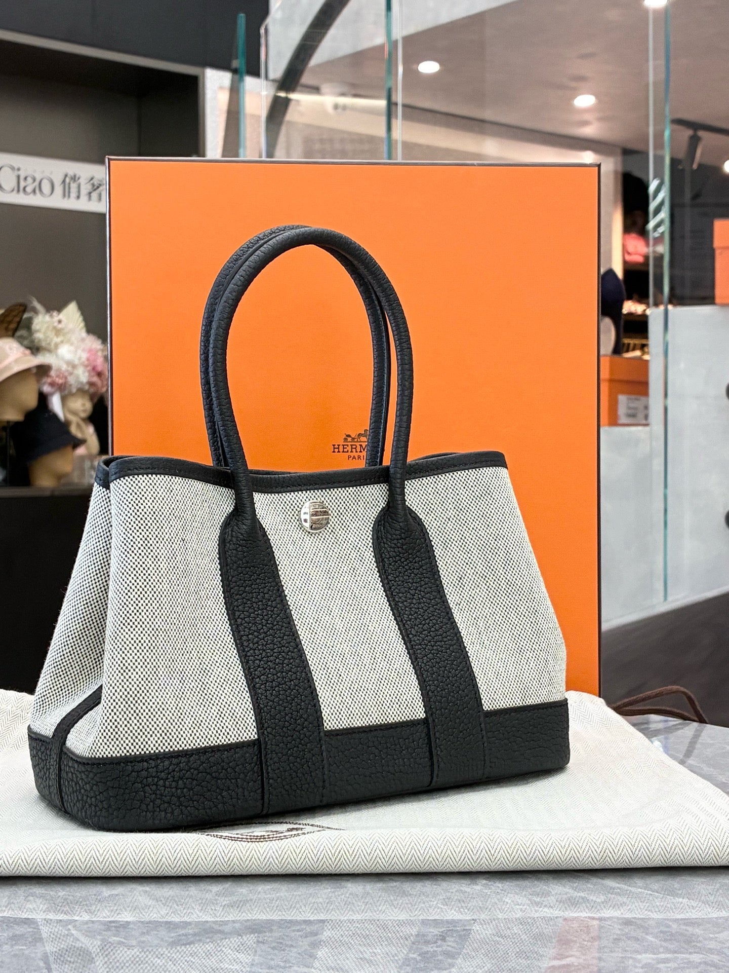 HERMÈS Garden Party Mini – Panda Black & White Canvas & Leather, Palladium Hardware, G Stamp, Brand New