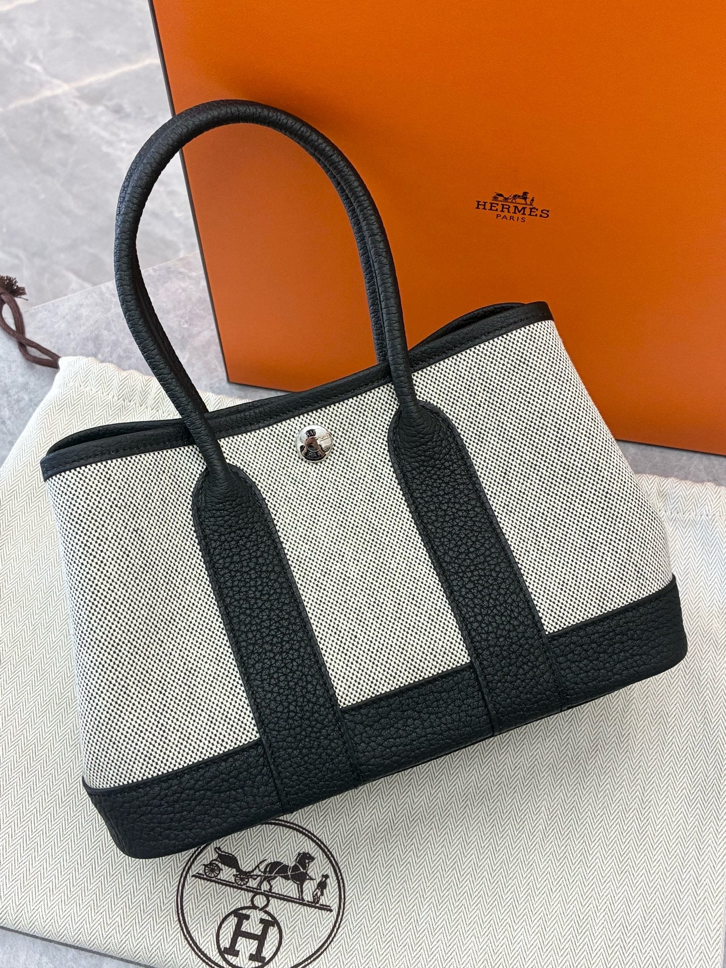 HERMÈS Garden Party Mini – Panda Black & White Canvas & Leather, Palladium Hardware, G Stamp, Brand New