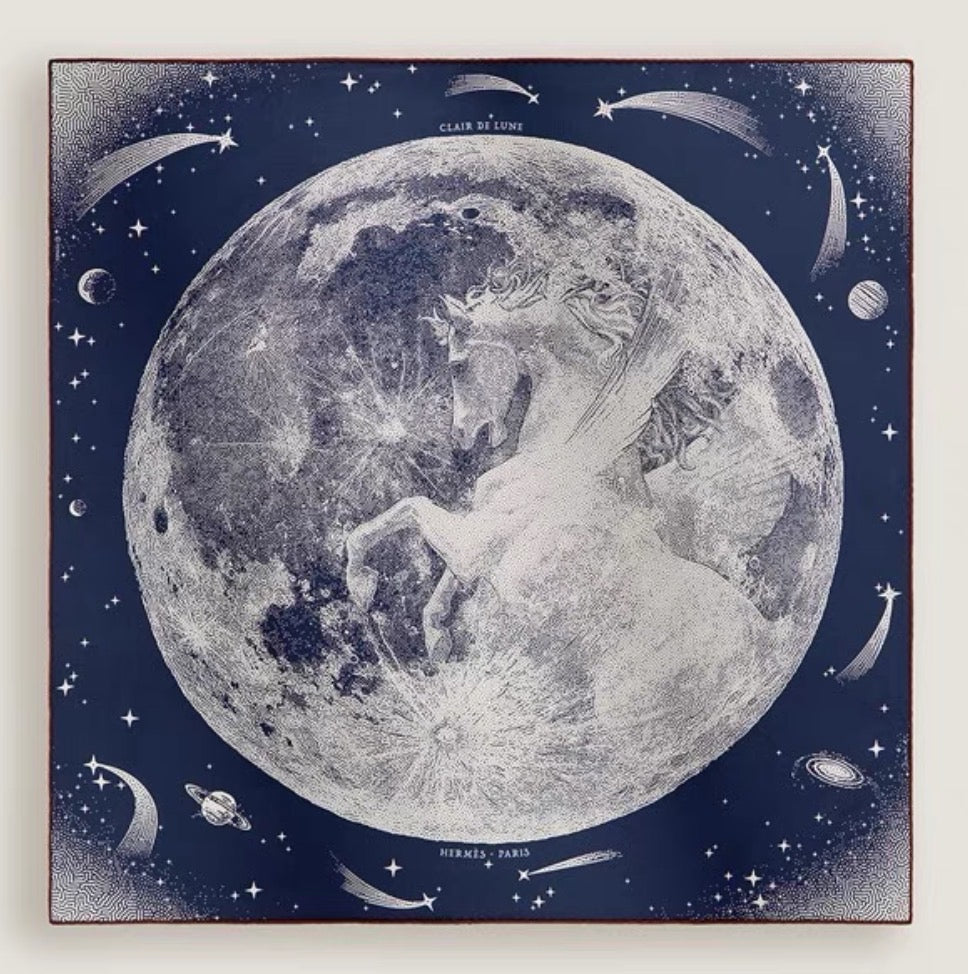 HERMÈS Carré 70 Silk Twill Scarf – Clair de Lune Pegasus, Deep Blue, 70 × 70 cm, Brand New