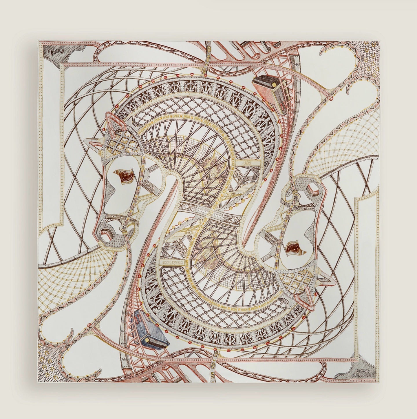 HERMÈS Carré 90 Silk Twill Scarf – Cheval d'Hephaïstos, Blanc / Bronze, 90 × 90 cm, Brand New