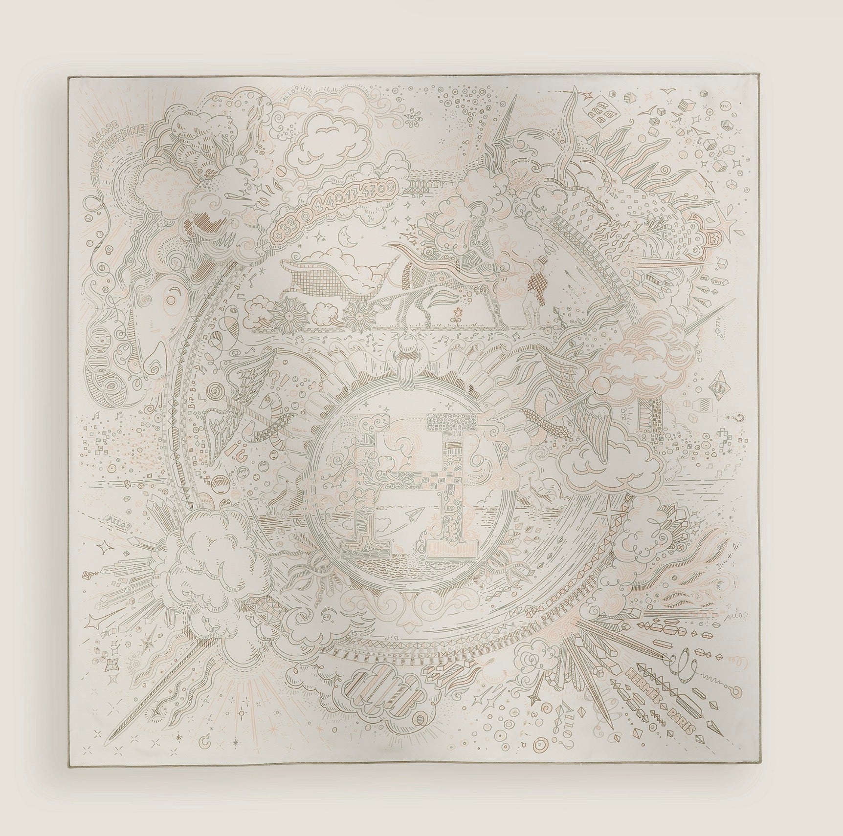 HERMÈS Carré 90 Silk Twill Scarf – En Connecting, Blanc / Orange, 90 × 90 cm, Brand New