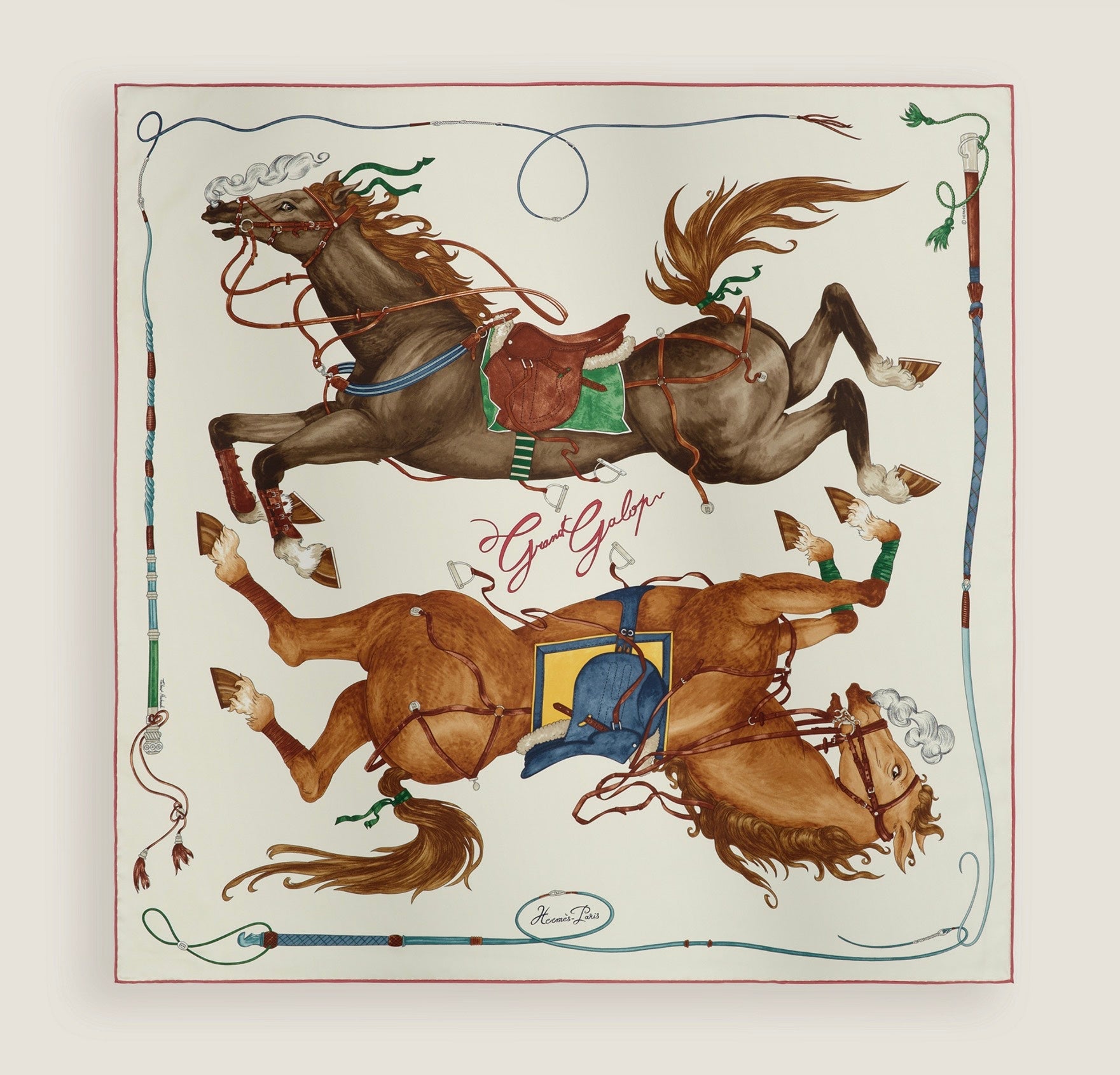 HERMÈS Carré 90 Silk Twill Scarf – Grand Galop, Crème / Brown, 90 × 90 cm, Brand New