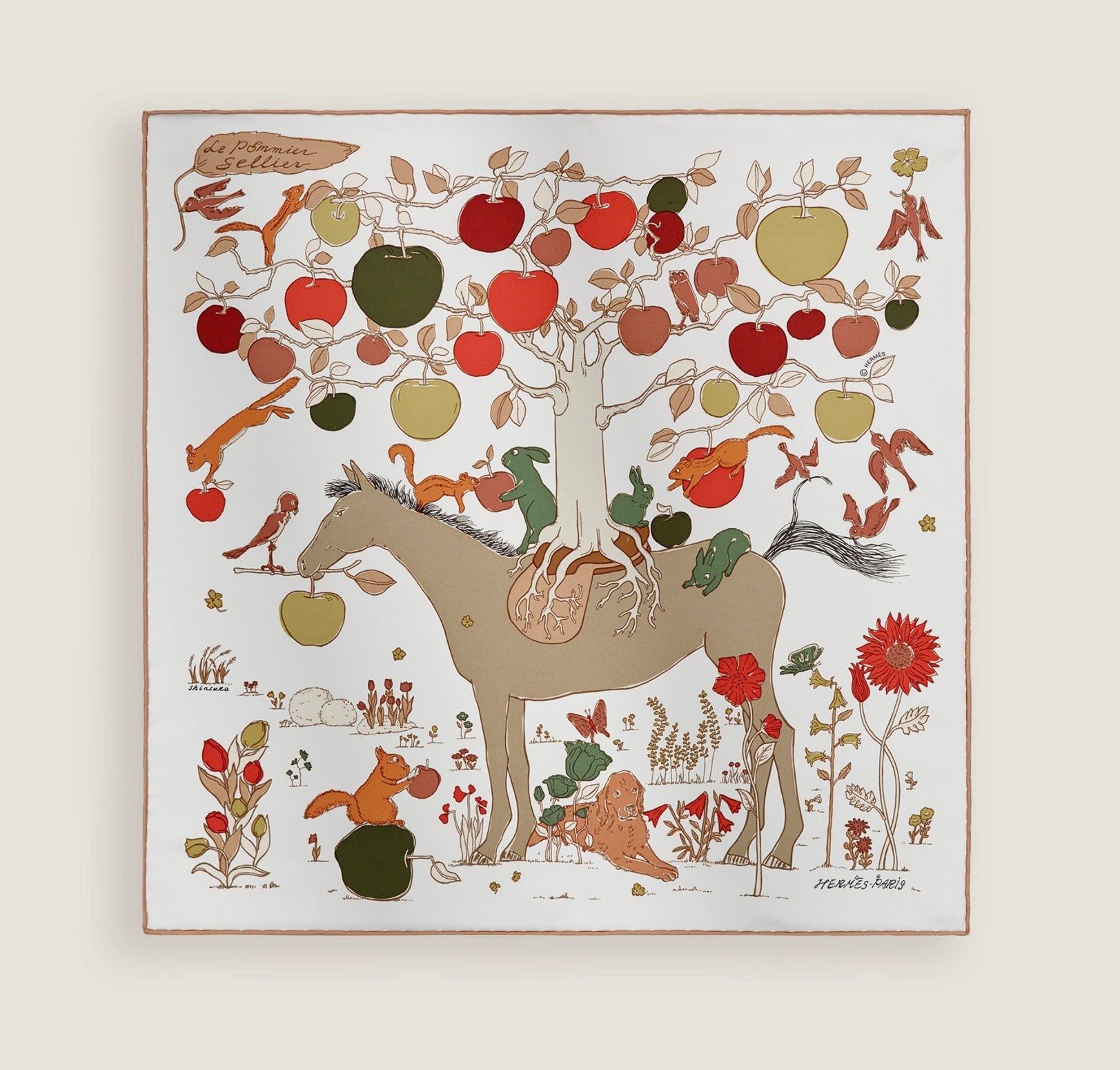 HERMÈS Carré 45 Silk Twill Scarf – Pommier en Selle, 45 × 45 cm, Brand New