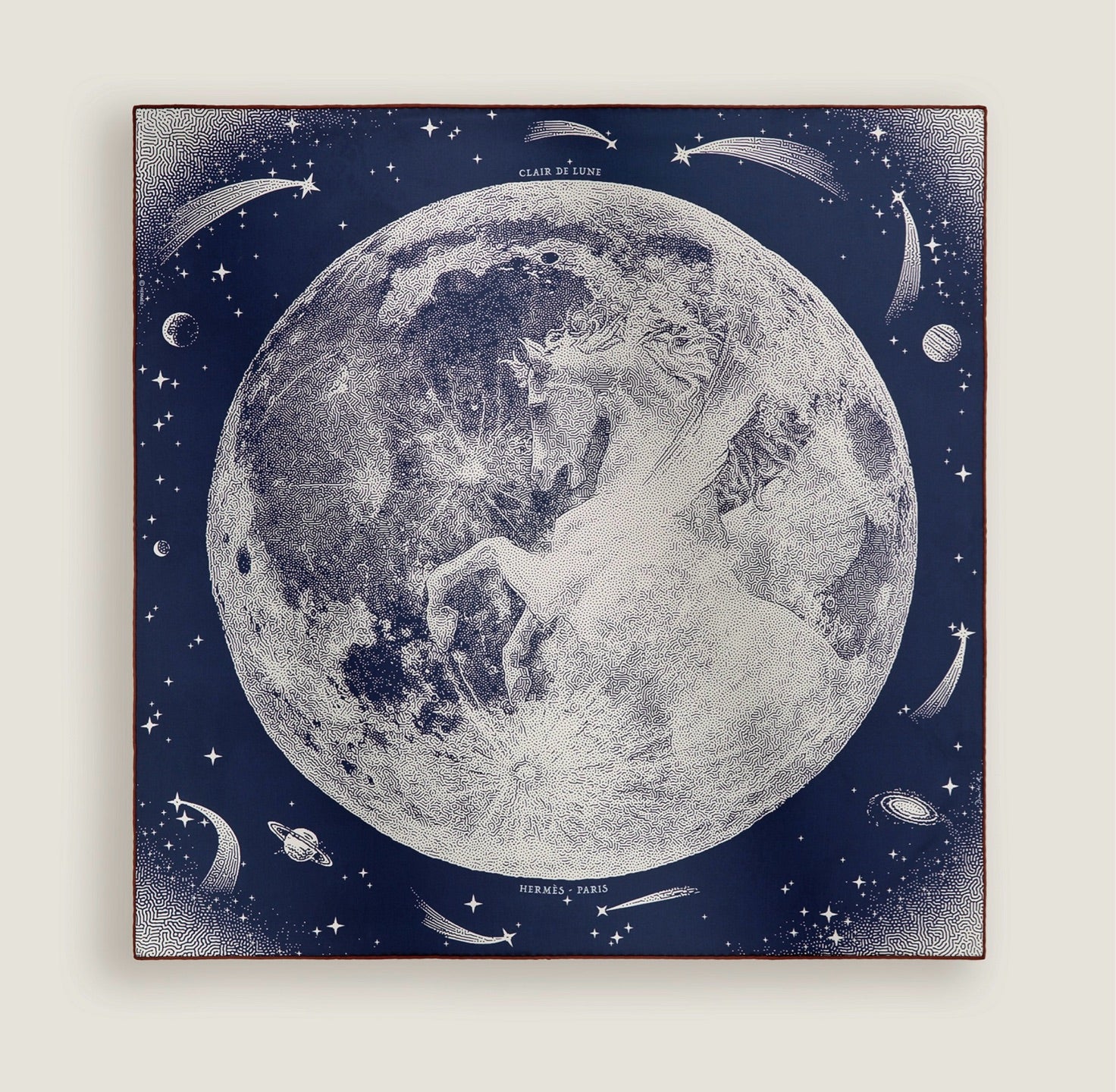 HERMÈS Carré 70 Silk Twill Scarf – Clair de Lune Pegasus, Blue, 70 × 70 cm, Brand New