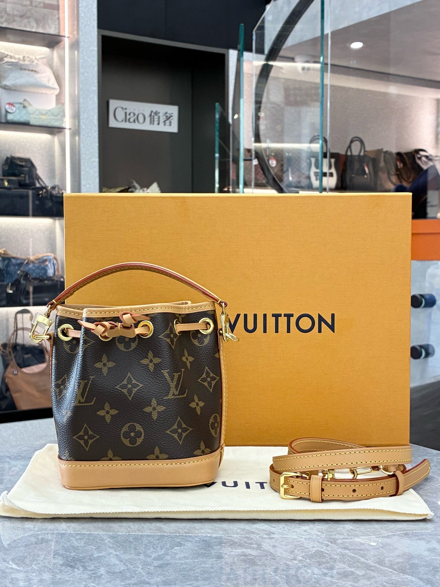 LOUIS VUITTON Nano Noé – Monogram Canvas, Drawstring Bucket Bag, Excellent Pre-Owned