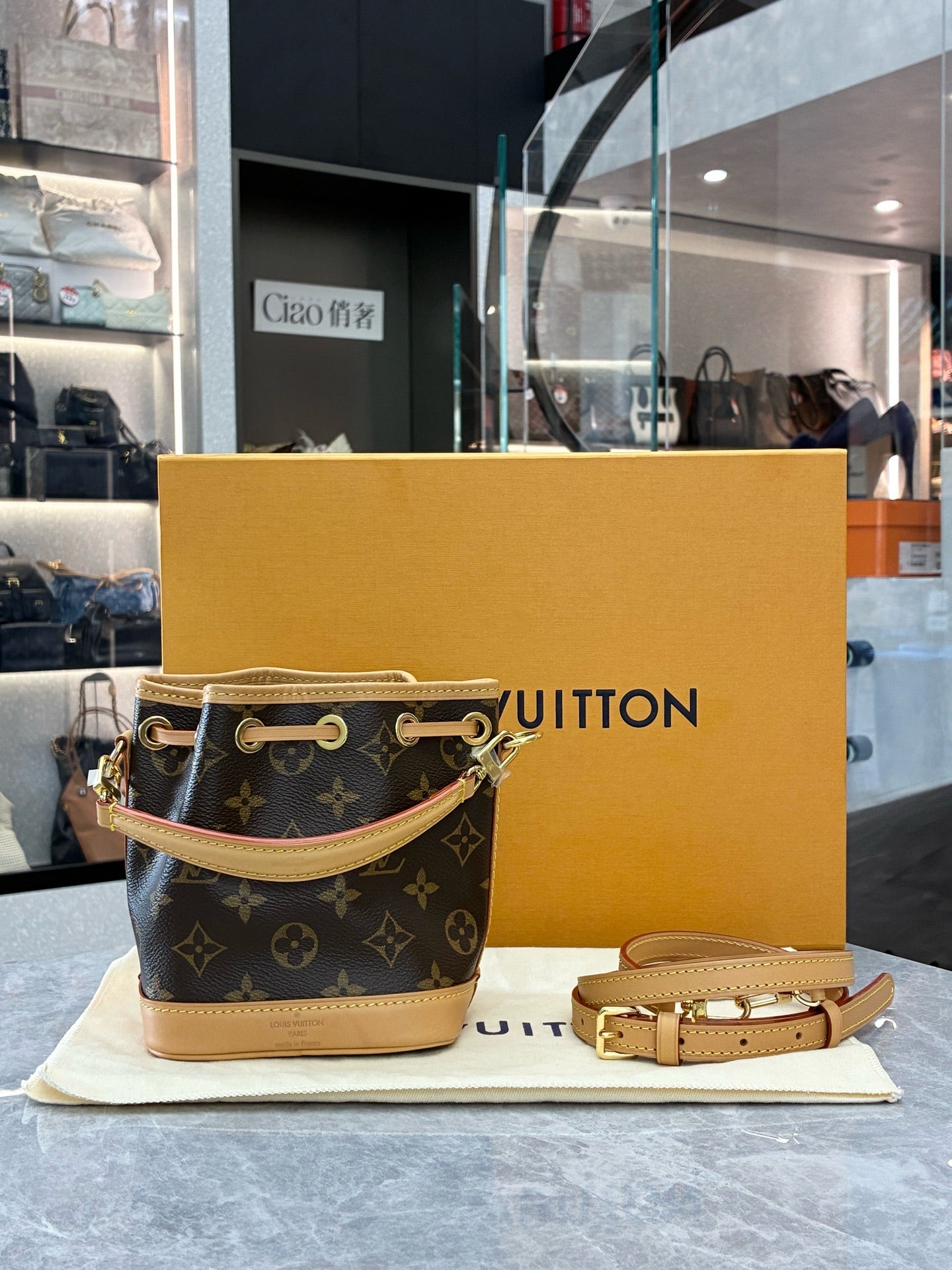 LOUIS VUITTON Nano Noé – Monogram Canvas, Drawstring Bucket Bag, Excellent Pre-Owned
