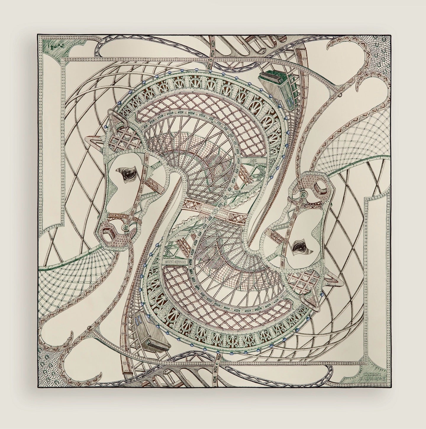 HERMÈS Carré 90 Silk Twill Scarf – Cheval d'Hephaïstos, Creme / Vert, 90 × 90 cm, Brand New
