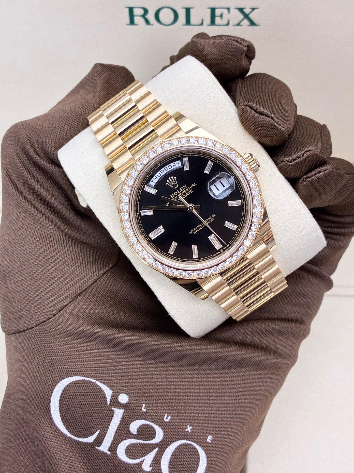 ROLEX Day-Date 40 – 18K Yellow Gold, Black Baguette Diamond Dial, Diamond Bezel, Reference 228348-0001, 40mm, Brand New