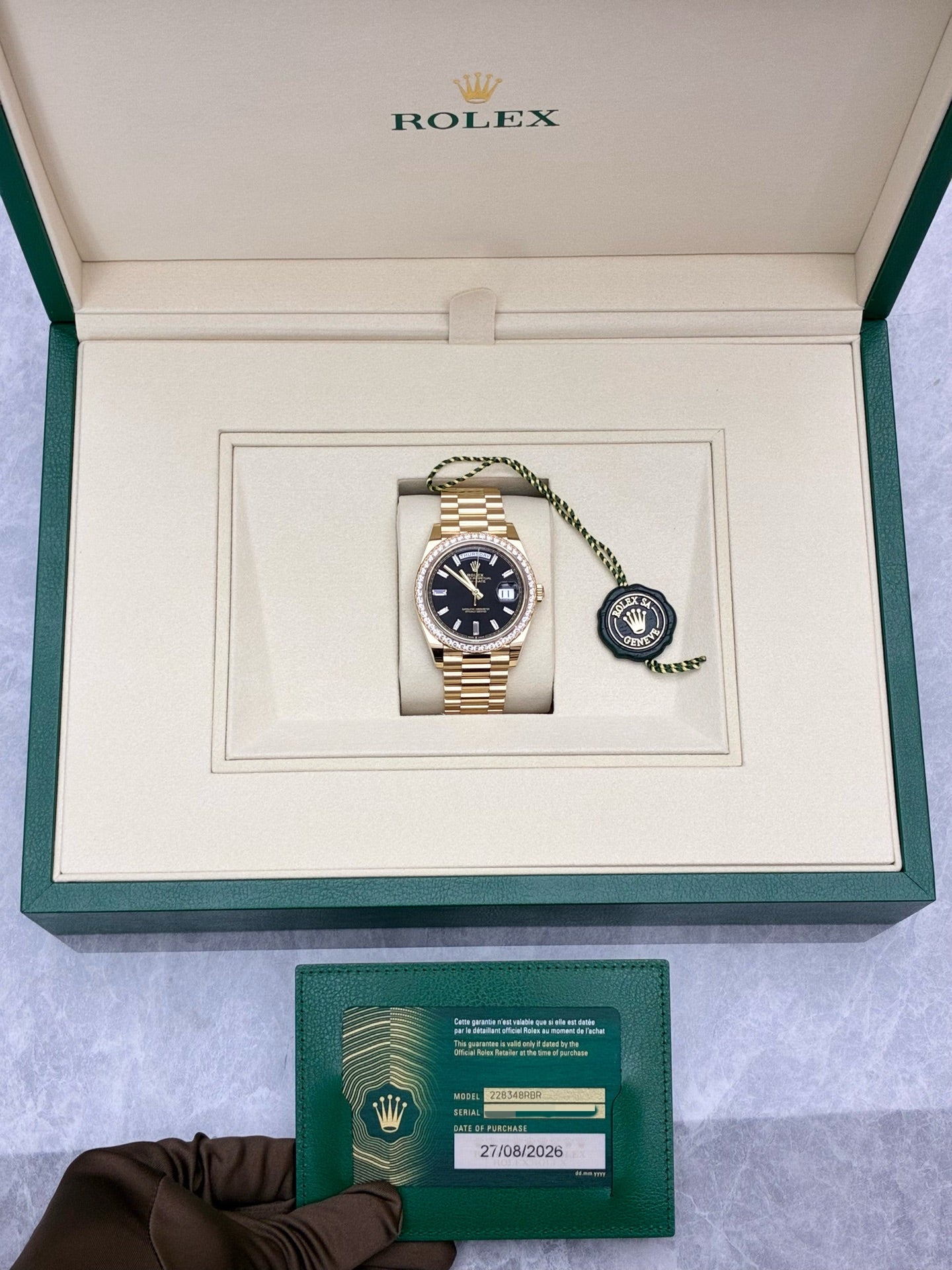 ROLEX Day-Date 40 – 18K Yellow Gold, Black Baguette Diamond Dial, Diamond Bezel, Reference 228348-0001, 40mm, Brand New