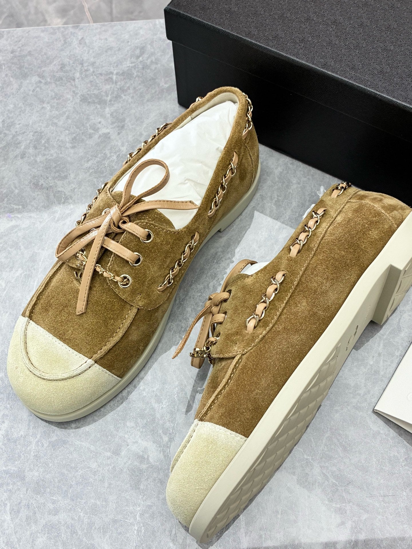 CHANEL 26C Suede Loafers – Brown Suede, White Cap Toe, Chain Detail, Size 37, Brand New