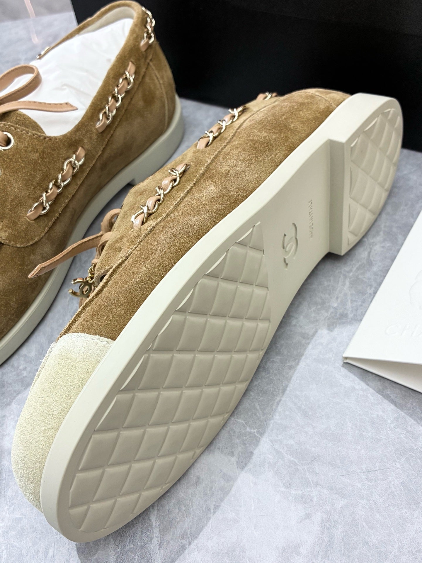 CHANEL 26C Suede Loafers – Brown Suede, White Cap Toe, Chain Detail, Size 37, Brand New
