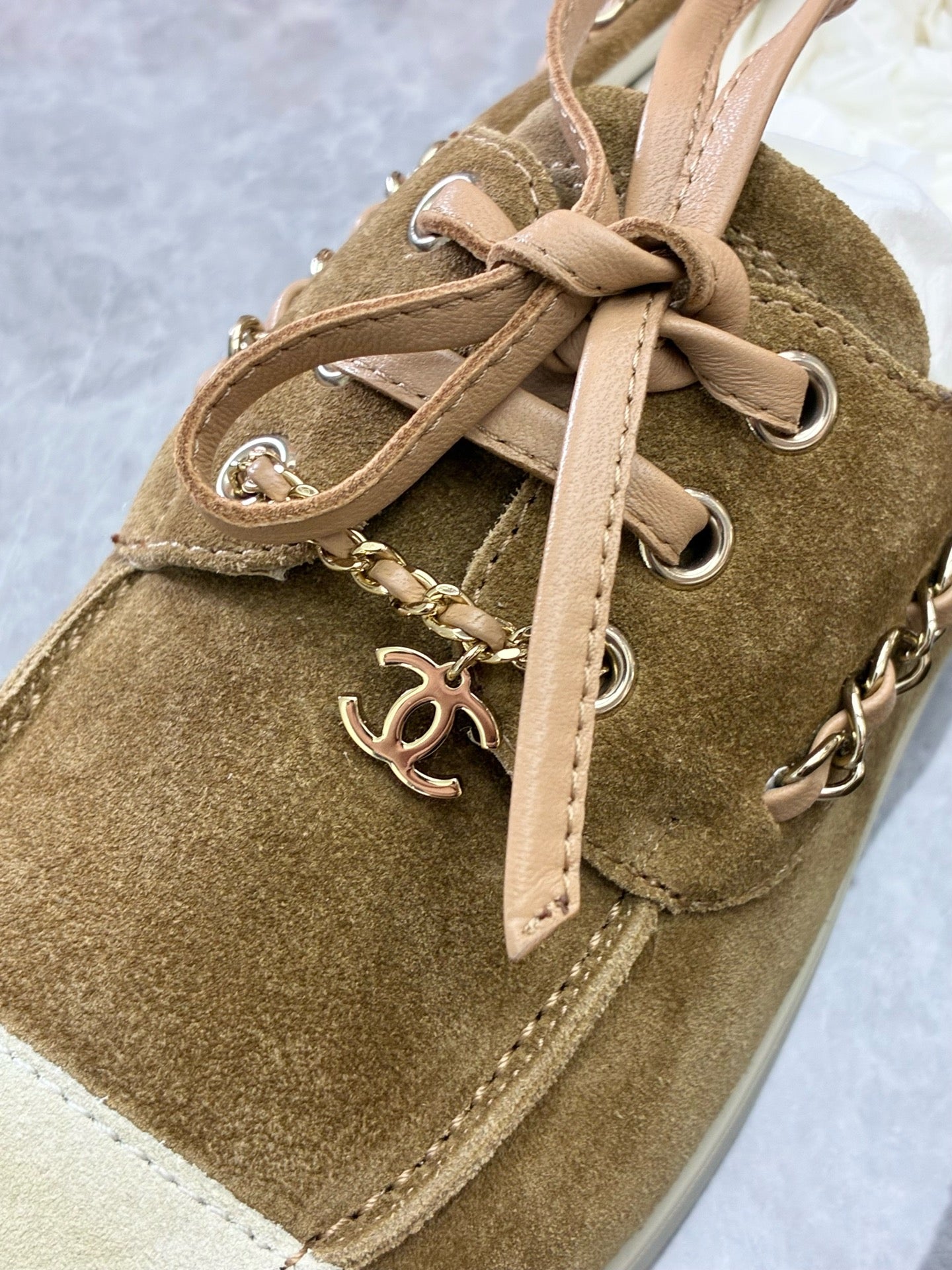 CHANEL 26C Suede Loafers – Brown Suede, White Cap Toe, Chain Detail, Size 37, Brand New