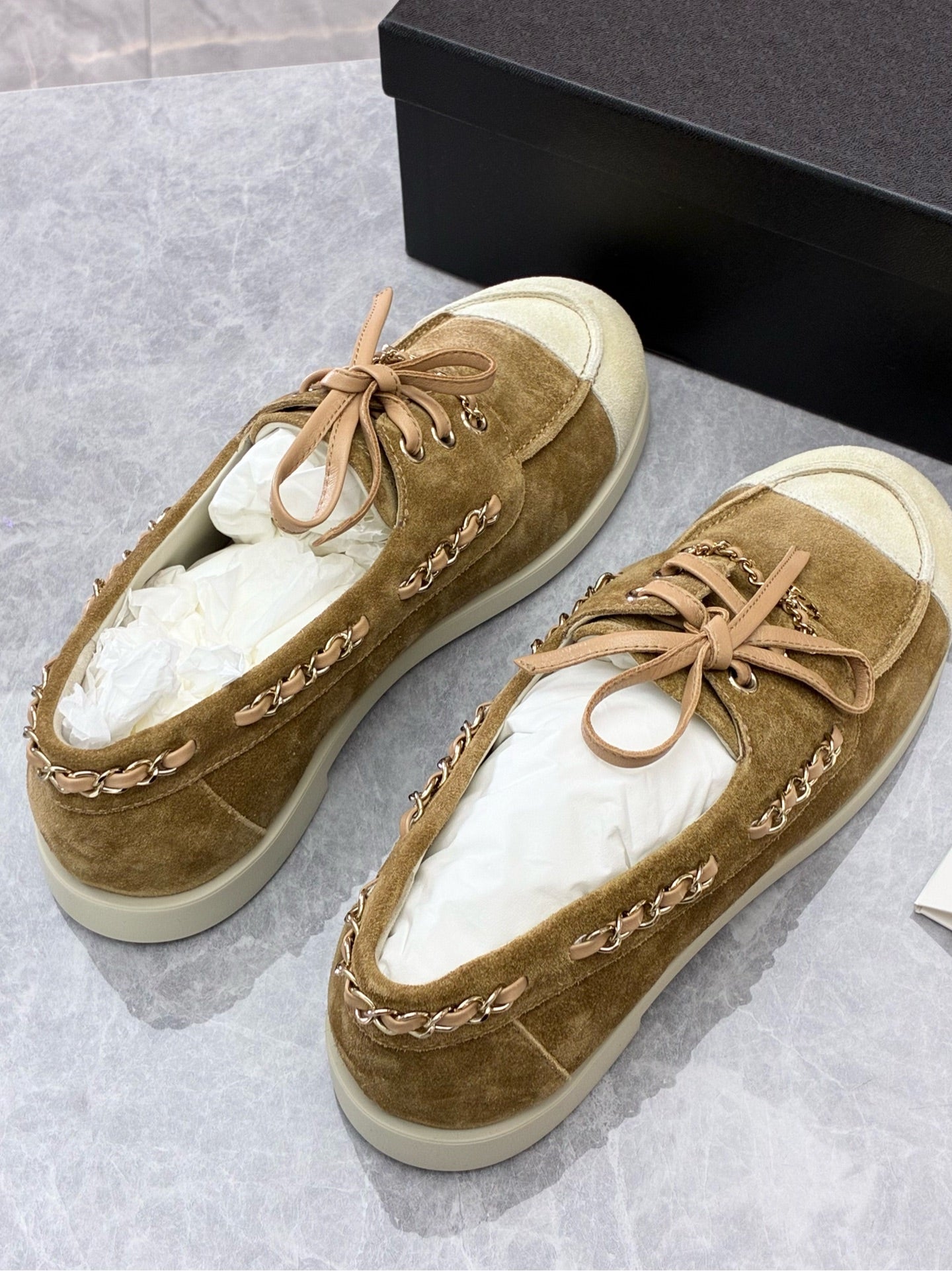 CHANEL 26C Suede Loafers – Brown Suede, White Cap Toe, Chain Detail, Size 37, Brand New
