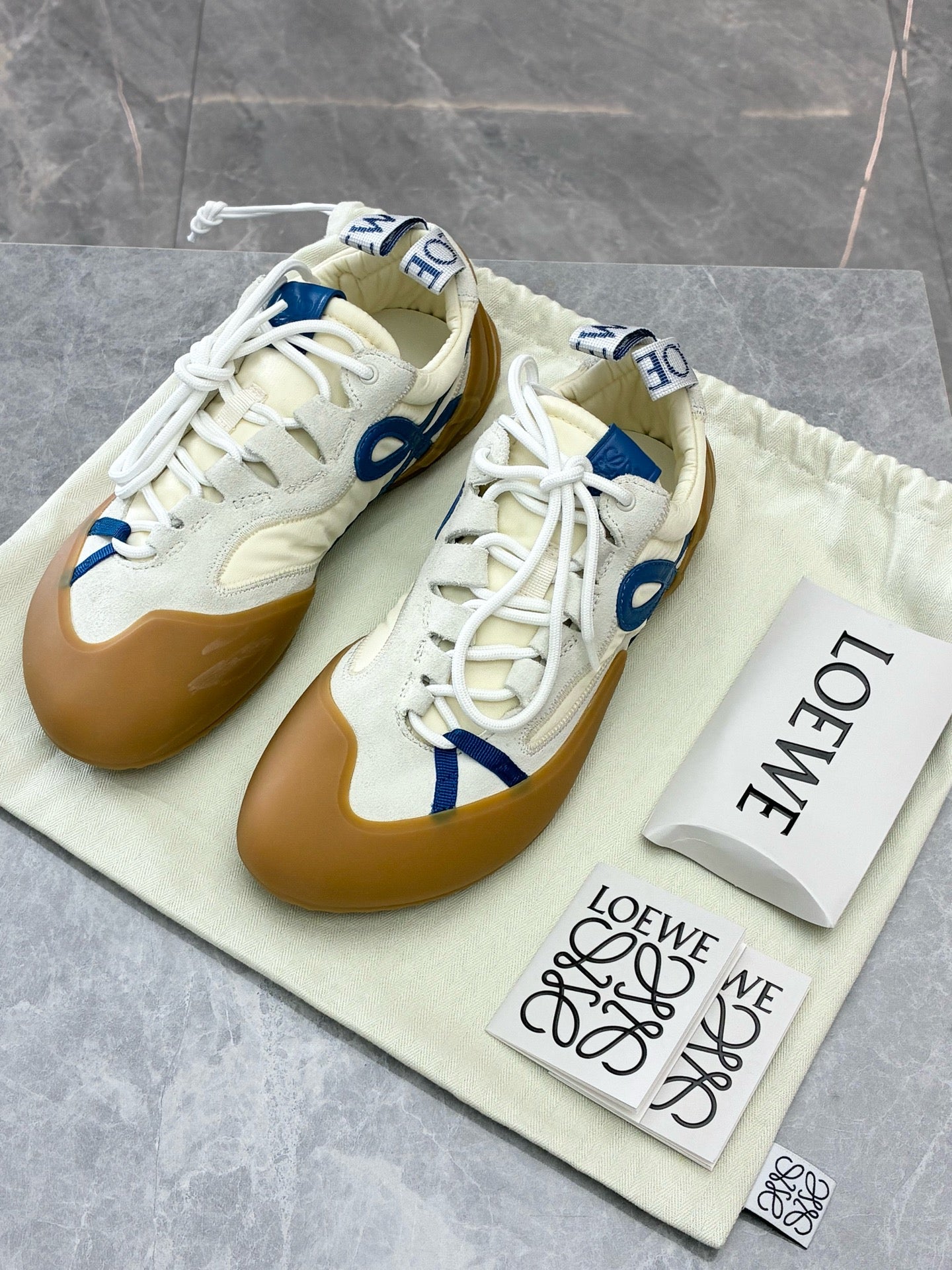 LOEWE Flow Runner – Cream Canvas, Blue Anagram Leather, Gum Rubber Toe, Size 37, Brand New