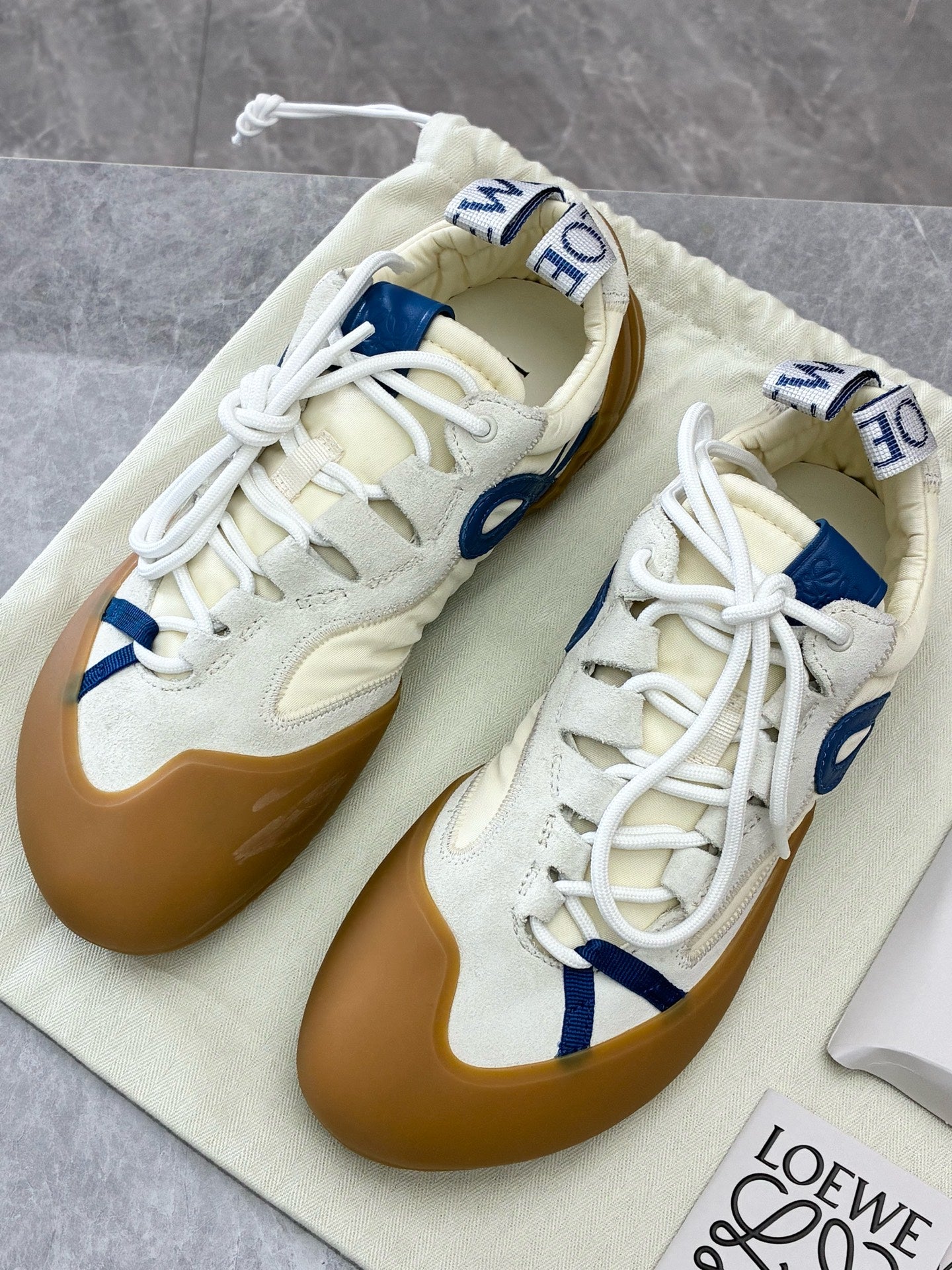 LOEWE Flow Runner – Cream Canvas, Blue Anagram Leather, Gum Rubber Toe, Size 37, Brand New