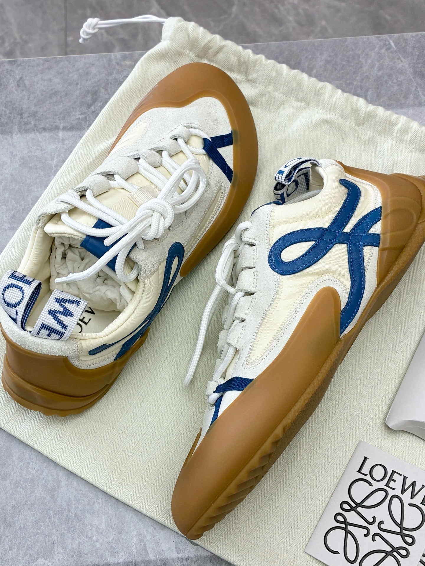 LOEWE Flow Runner – Cream Canvas, Blue Anagram Leather, Gum Rubber Toe, Size 37, Brand New