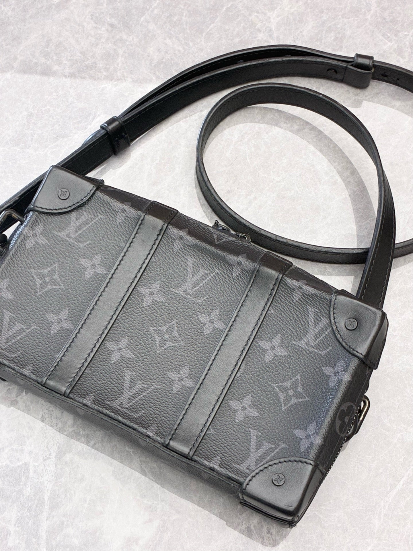 LOUIS VUITTON Soft Trunk Wallet – Monogram Eclipse Canvas, Black Calfskin Trim, Matte Black Hardware, 23 x 13 cm, Pre-Owned
