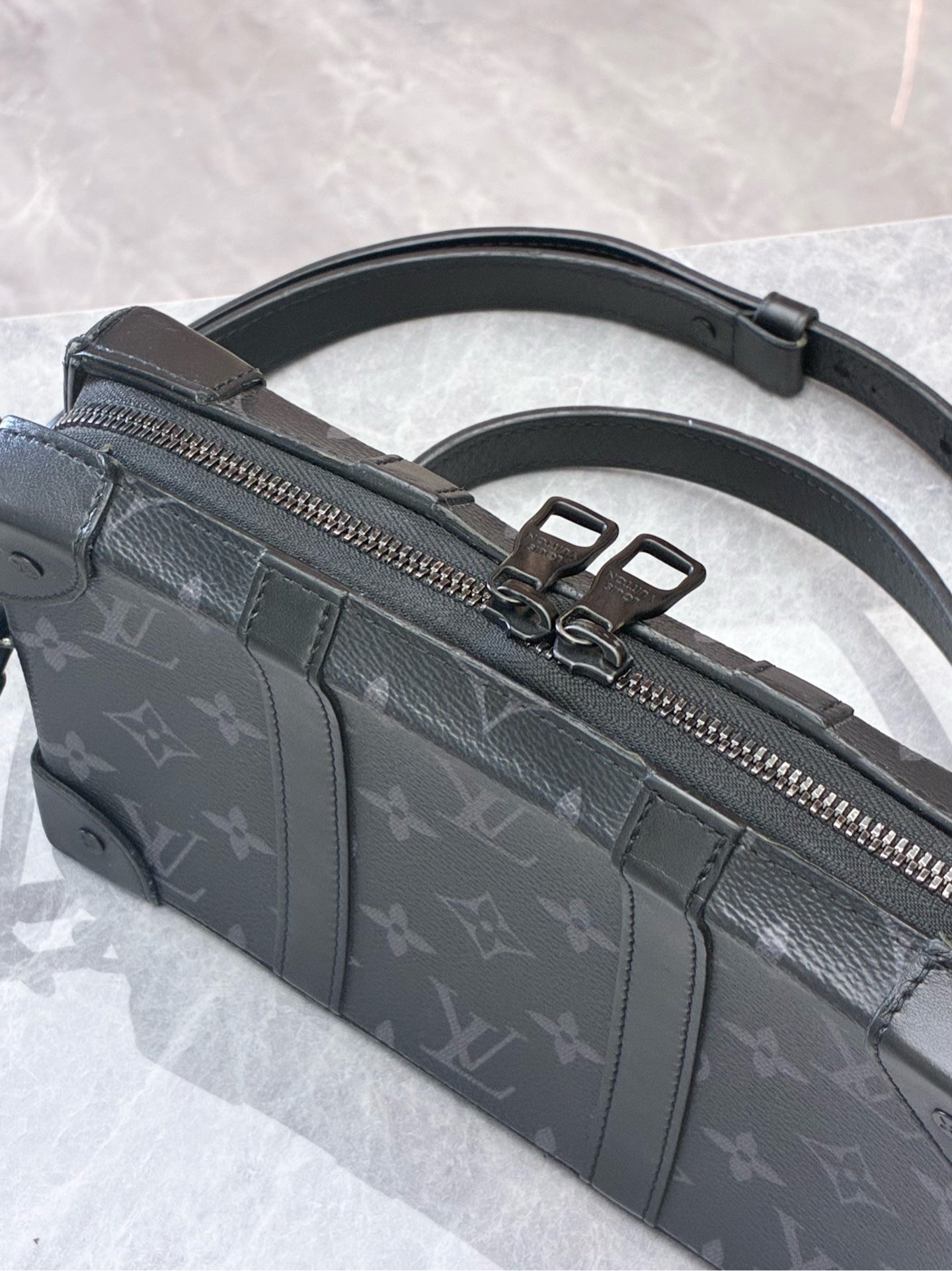 LOUIS VUITTON Soft Trunk Wallet – Monogram Eclipse Canvas, Black Calfskin Trim, Matte Black Hardware, 23 x 13 cm, Pre-Owned