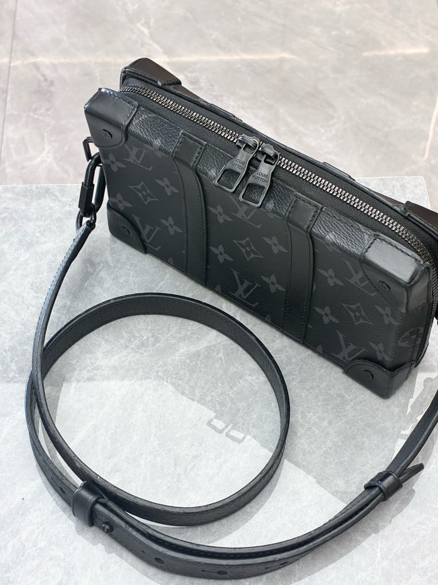 LOUIS VUITTON Soft Trunk Wallet – Monogram Eclipse Canvas, Black Calfskin Trim, Matte Black Hardware, 23 x 13 cm, Pre-Owned