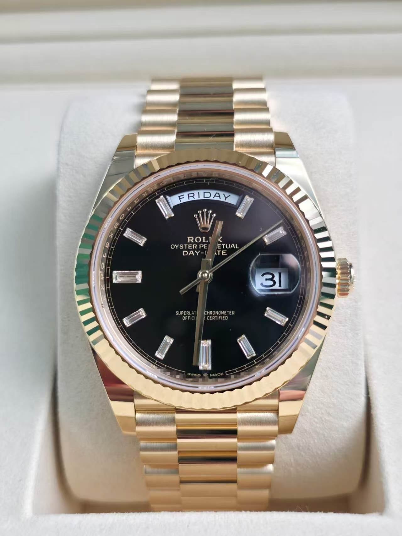 ROLEX Day-Date 40 – 18K Yellow Gold, Black Baguette Diamond Dial, Reference 228238, 40mm, Brand New