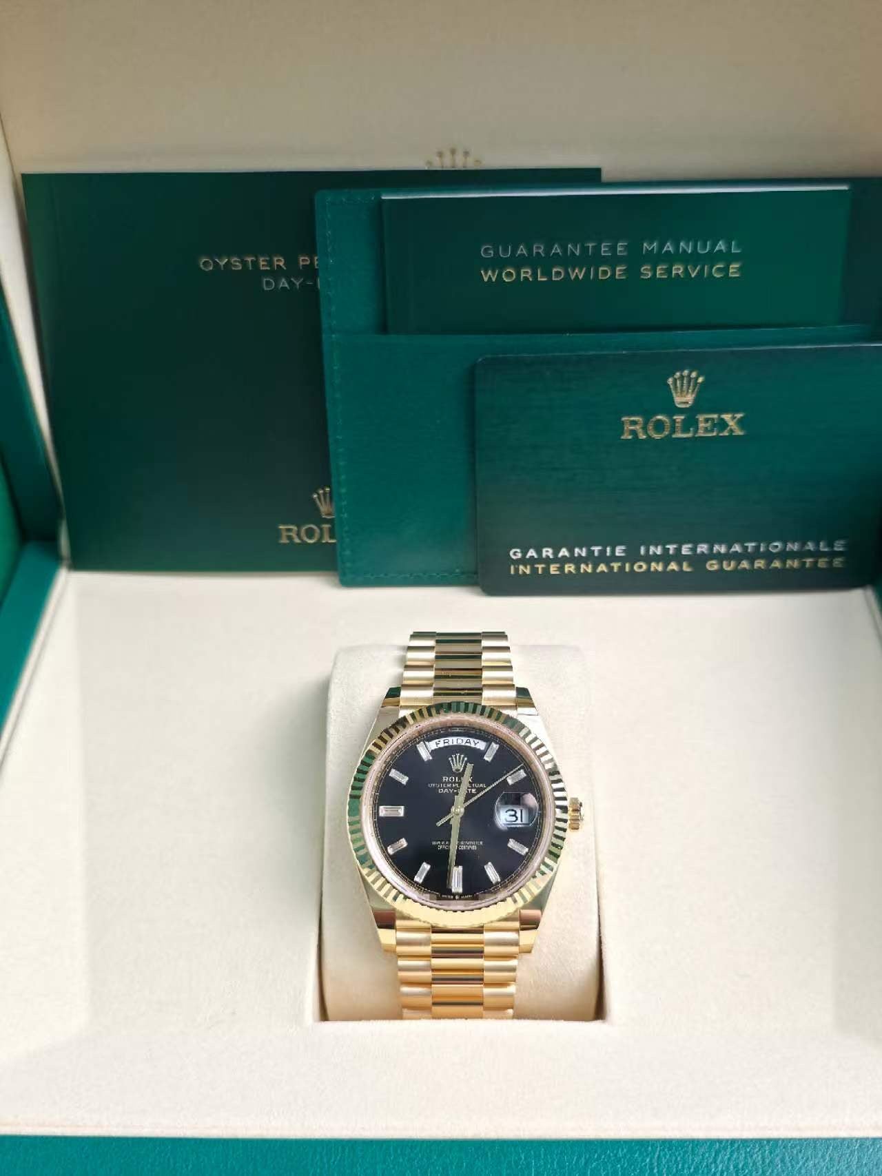 ROLEX Day-Date 40 – 18K Yellow Gold, Black Baguette Diamond Dial, Reference 228238, 40mm, Brand New