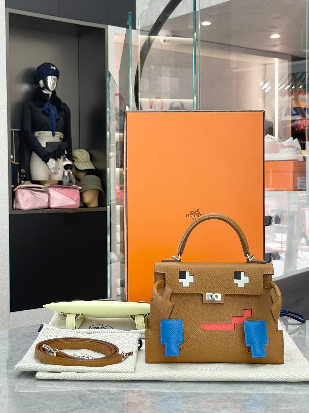 HERMÈS Kelly Doll – Gold Epsom with Bleu France Pixel Mosaic, Palladium Hardware, K Stamp, Brand New