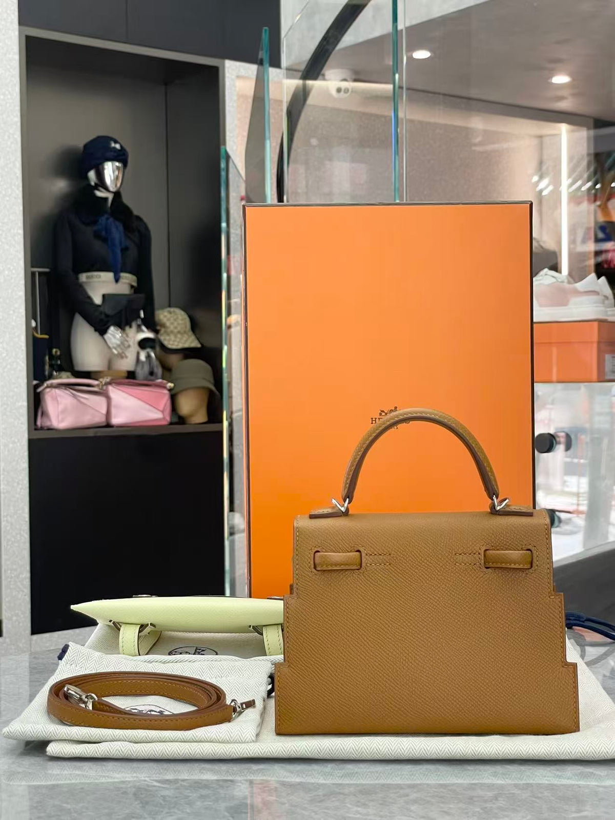 HERMÈS Kelly Doll – Gold Epsom with Bleu France Pixel Mosaic, Palladium Hardware, K Stamp, Brand New