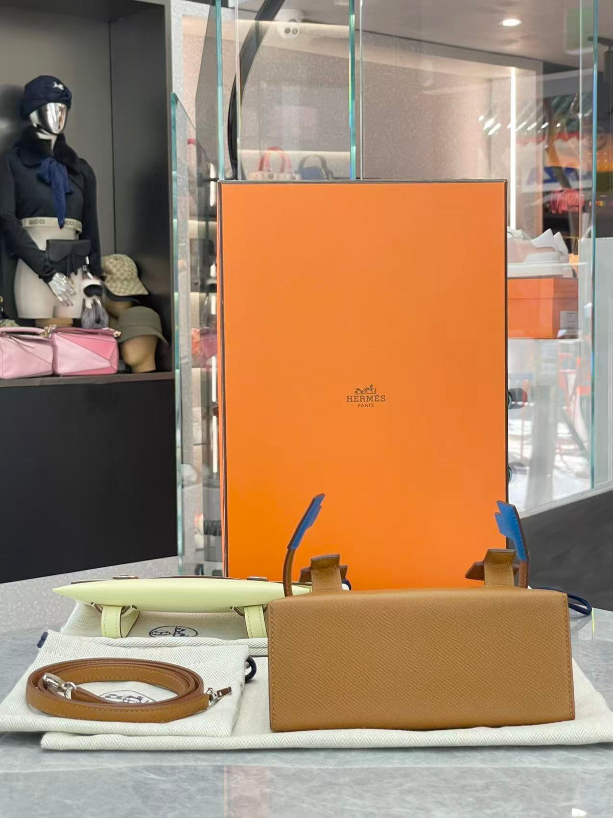 HERMÈS Kelly Doll – Gold Epsom with Bleu France Pixel Mosaic, Palladium Hardware, K Stamp, Brand New