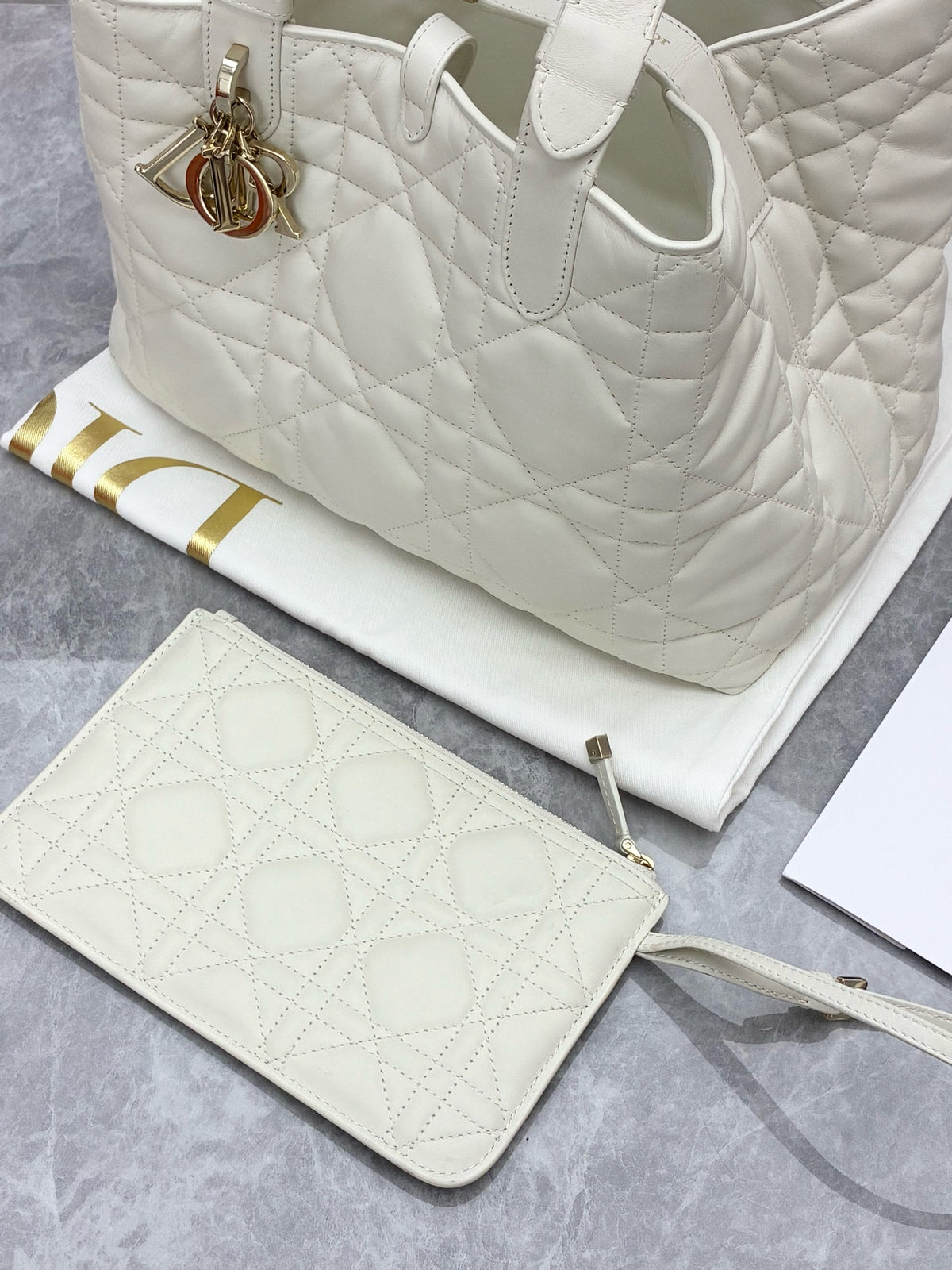 DIOR Toujours Medium Tote – White Cannage-Quilted Calfskin with Pouch, Gold Hardware, Good Pre-Owned