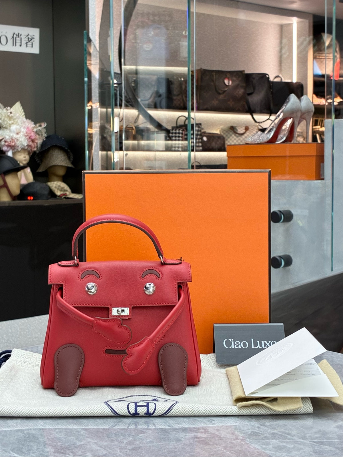 HERMÈS Kelly Doll – Sunshine Red & Rouge Casaque Two-Tone Leather, Palladium Hardware, W Stamp, Brand New